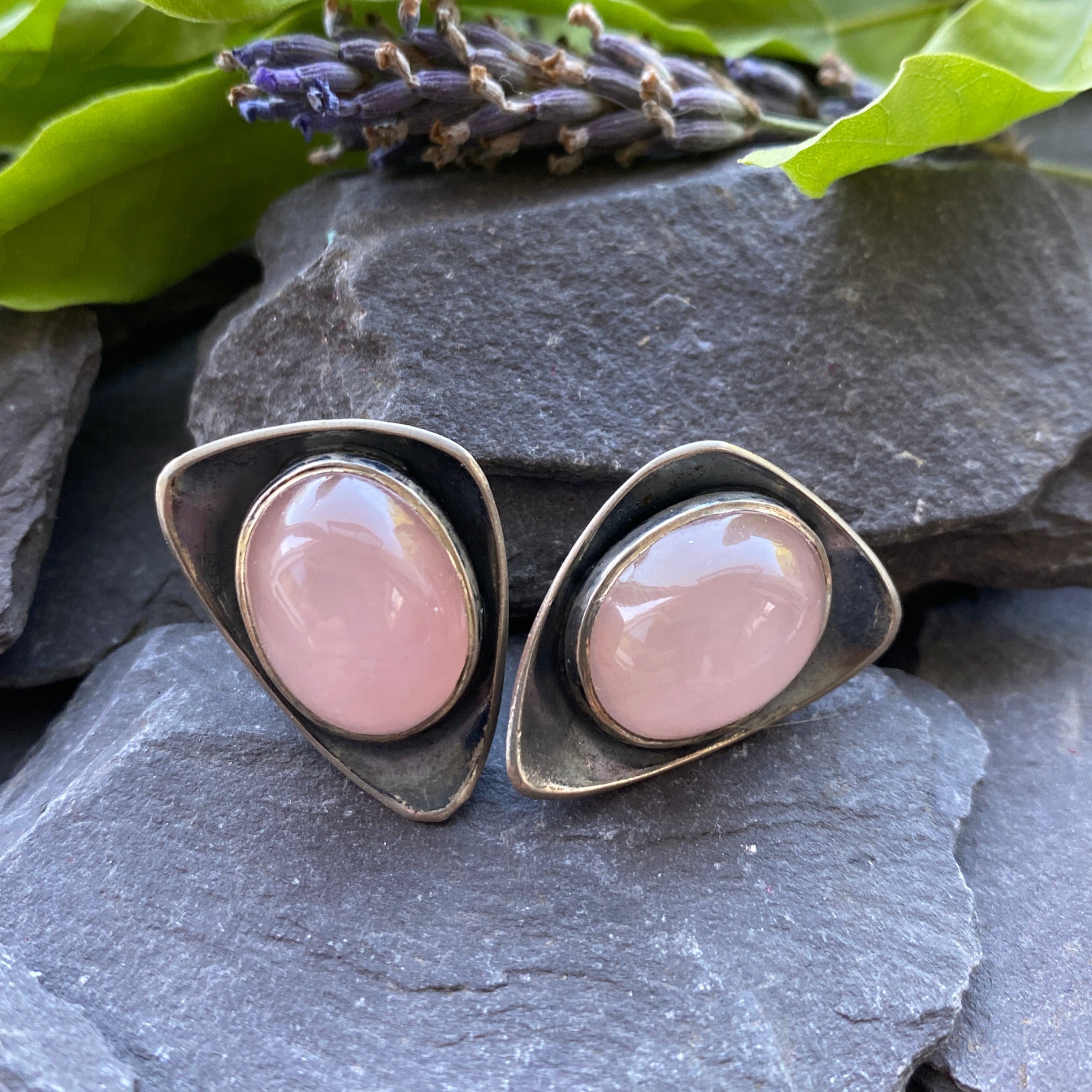 Vintage Modernist Rose Quartz Earrings.