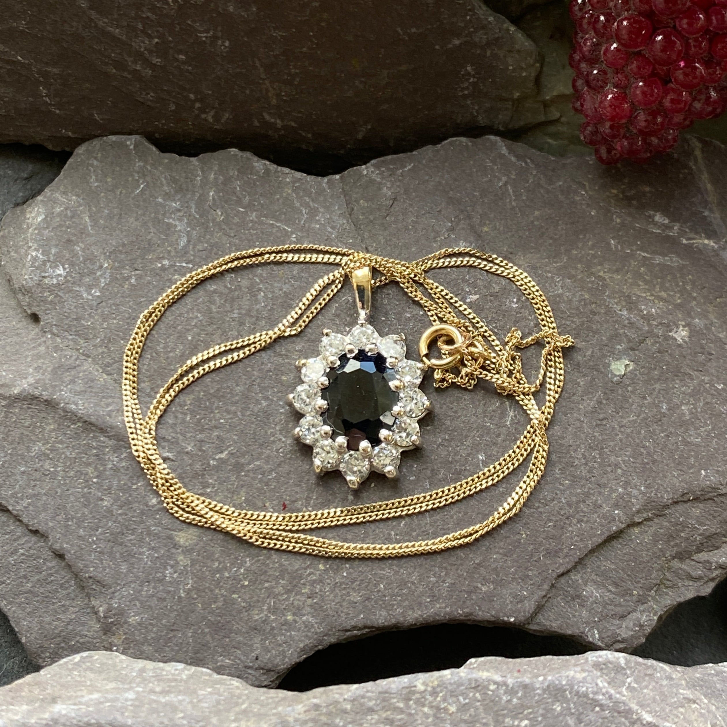 Vintage 9ct Sapphire & Cubic Zirconia Pendant And 18 Inch Chain