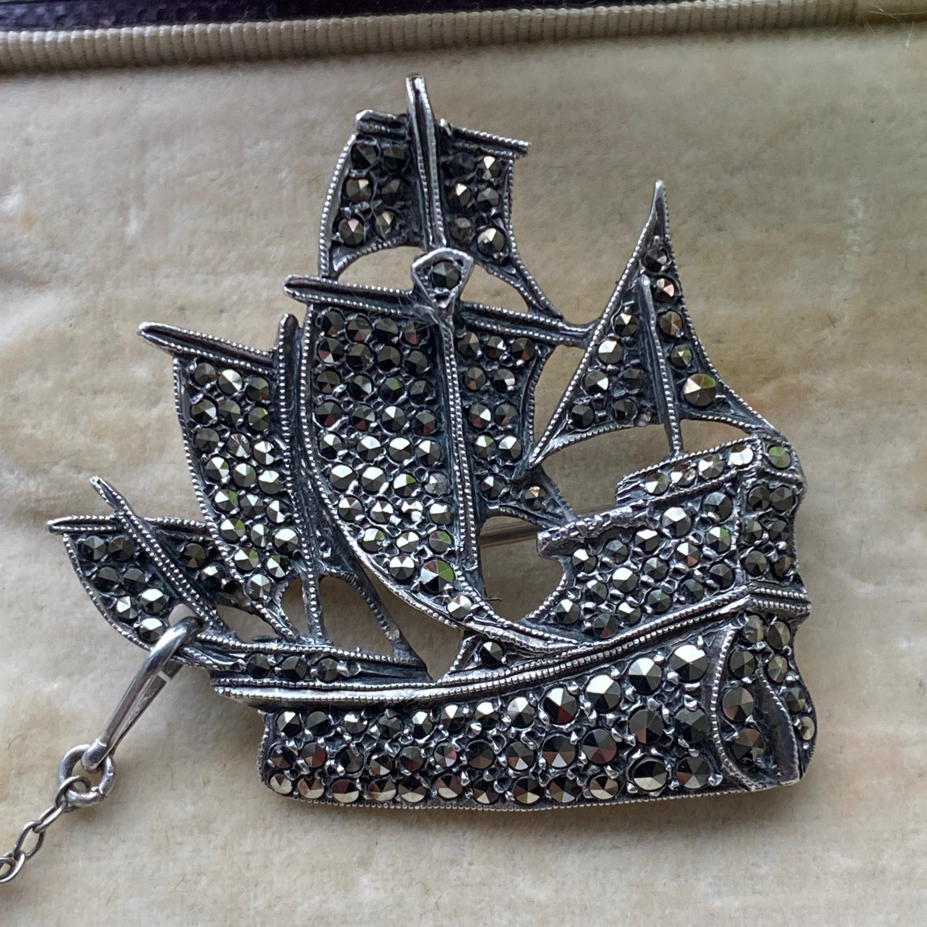 Vintage Silver & Marcasite Galleon Brooch.