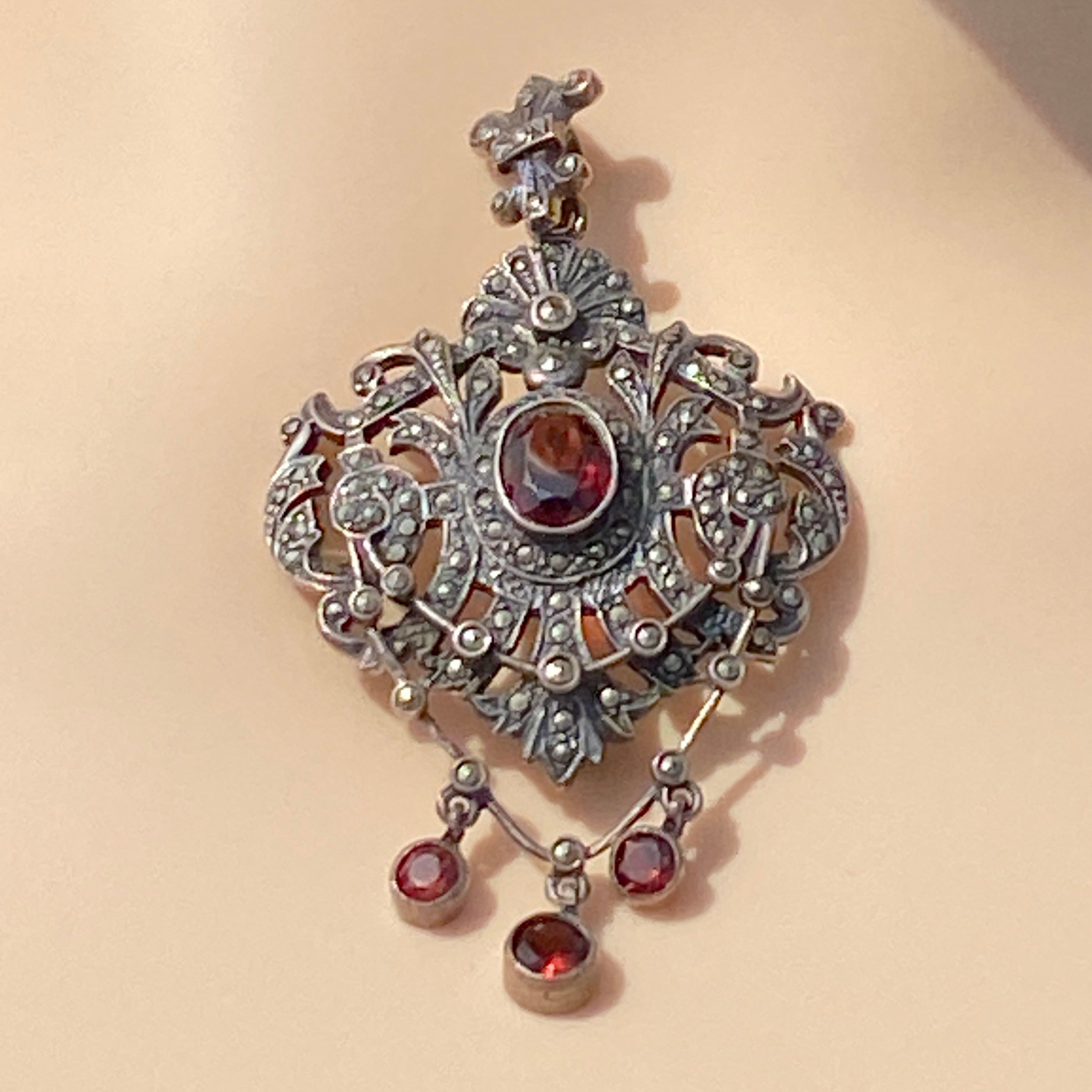 Gothic Pendant Brooch Set With Garnets & Marcasite.