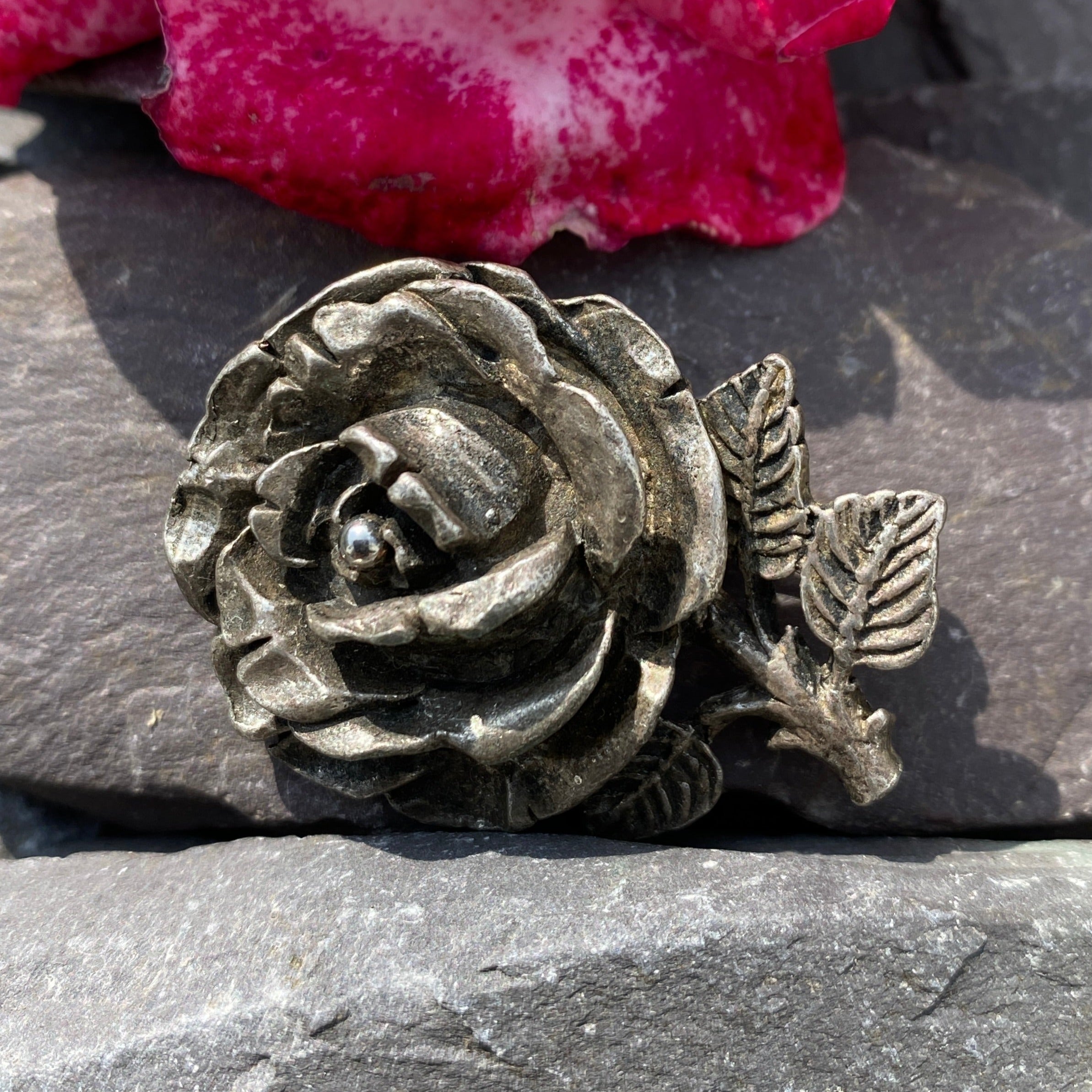 Retro Miracle Pewter Rose Brooch.