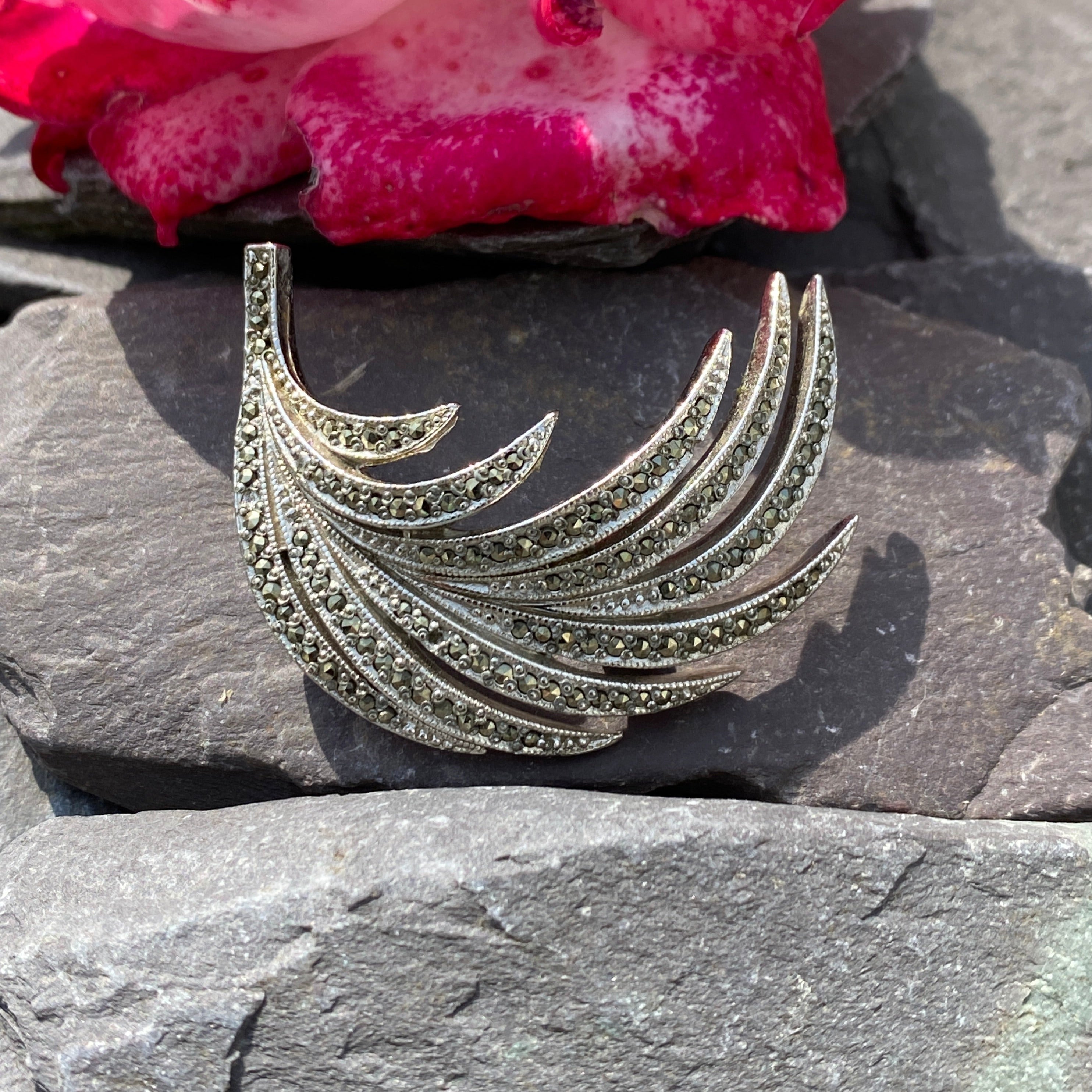 Sphinx Chrome Plated Marcasite Feather Brooch.