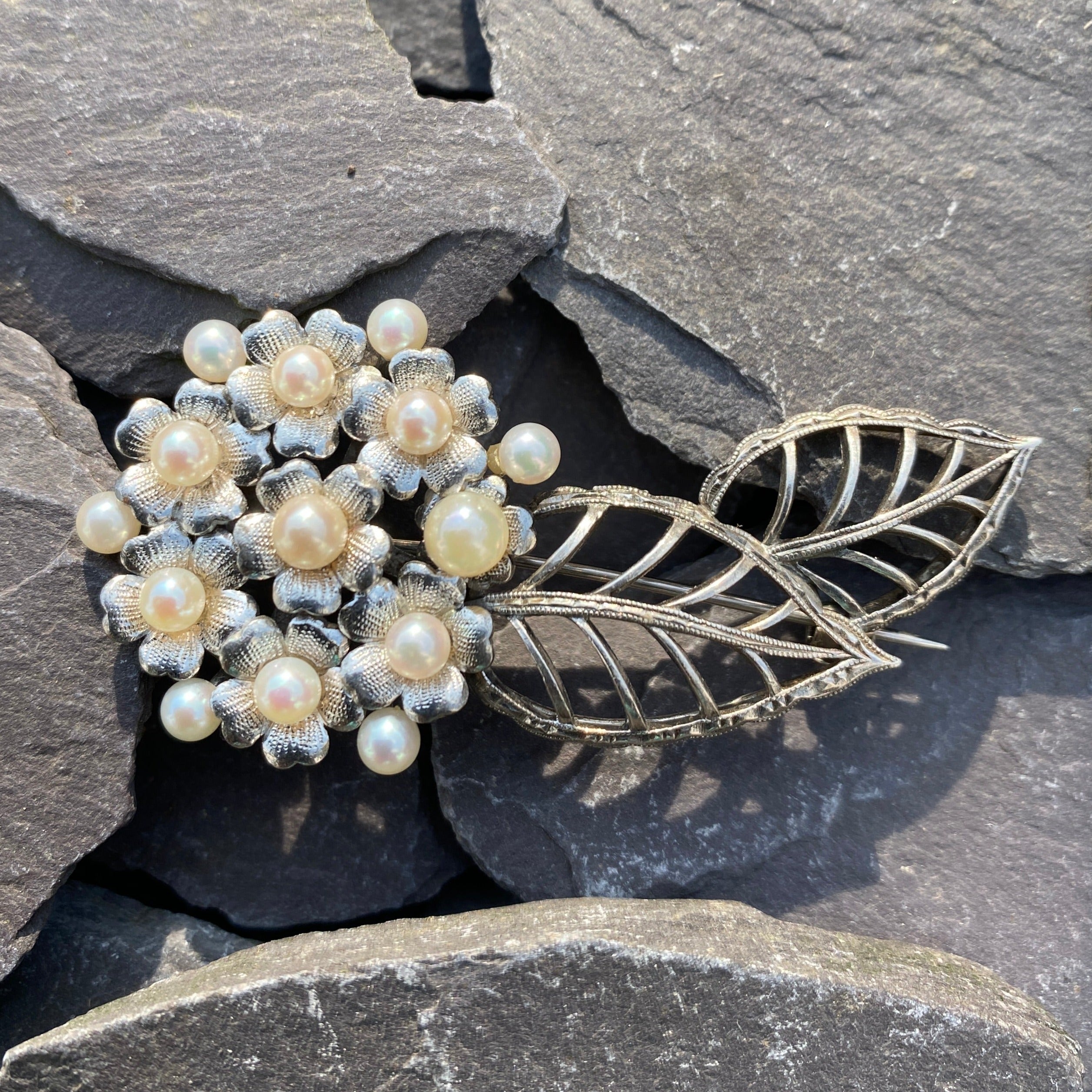 Vintage Mikimoto Sterling Silver & Pearl Brooch.