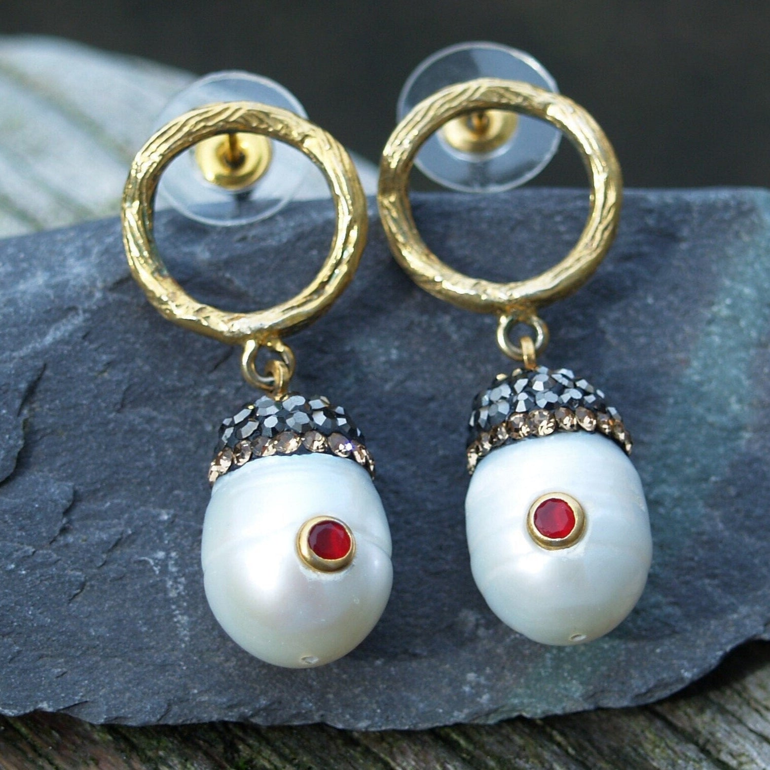 Vermeil Freshwater Pearl & Ruby Drop Earrings.