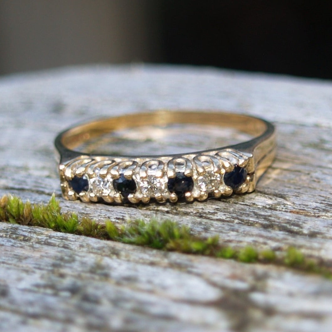 Vintage 9ct Gold Sapphire & Diamond Half Hoop Eternity Ring.
