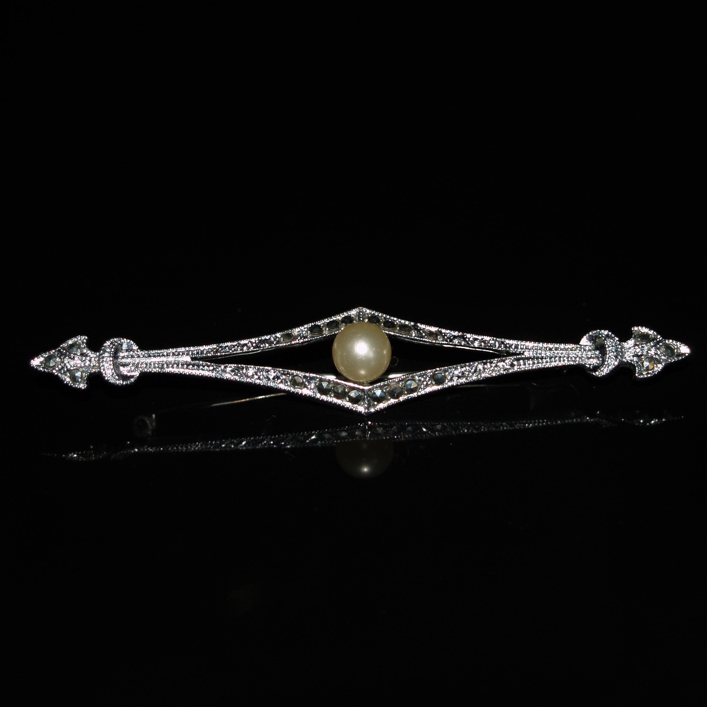 Art Deco Chrome Plated Faux Pearl & Marcasite Bar Brooch.