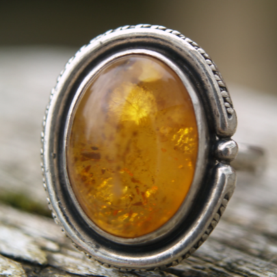 Vintage Silver & Natural Amber Ring Large Size X or 11 5/8 USA.