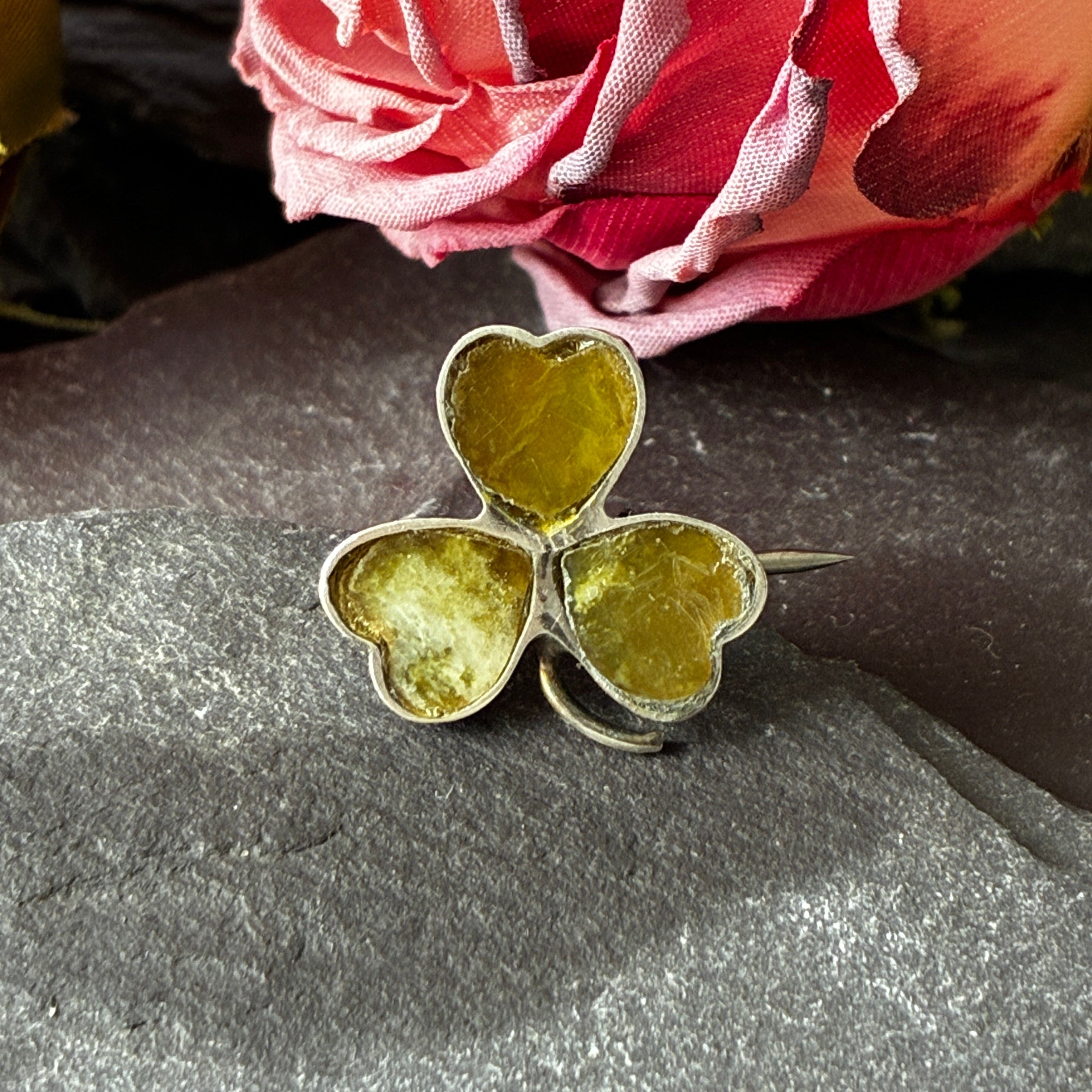 Antique Silver & Connemara marble Shamrock brooch