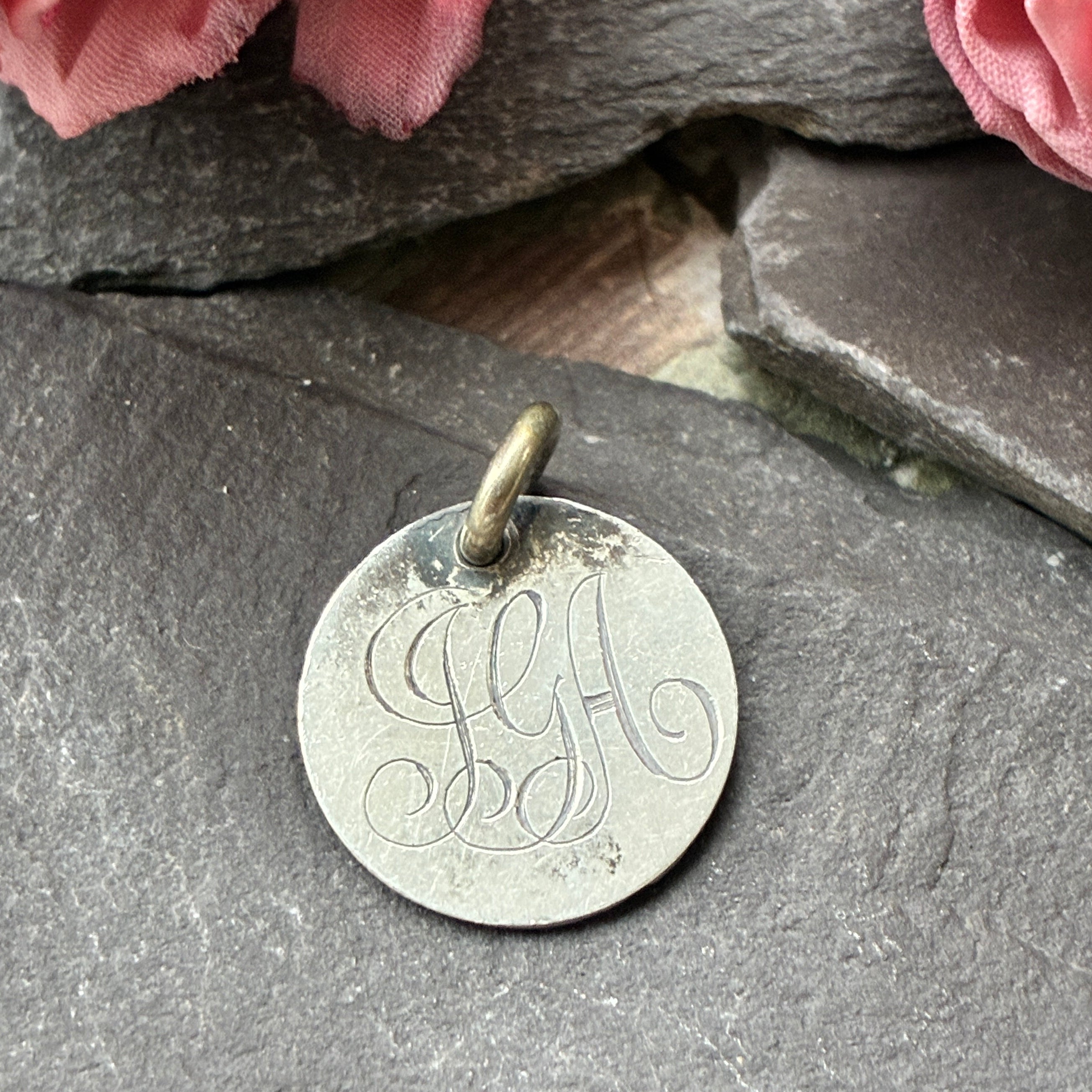 Antique Silver Love Token Charm- Initials J G A.