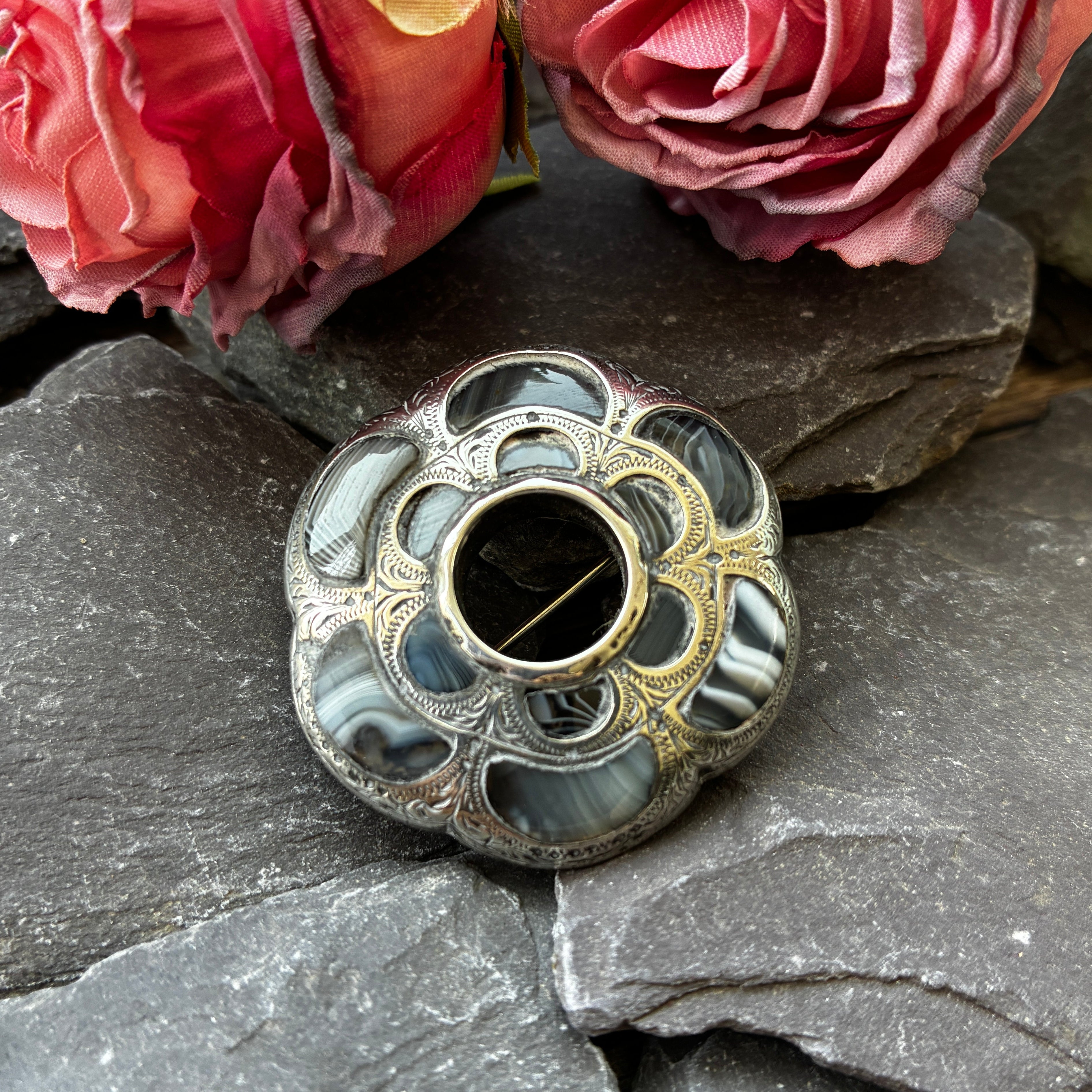 Victorian silver and banded agate Celtic inspired brooch.