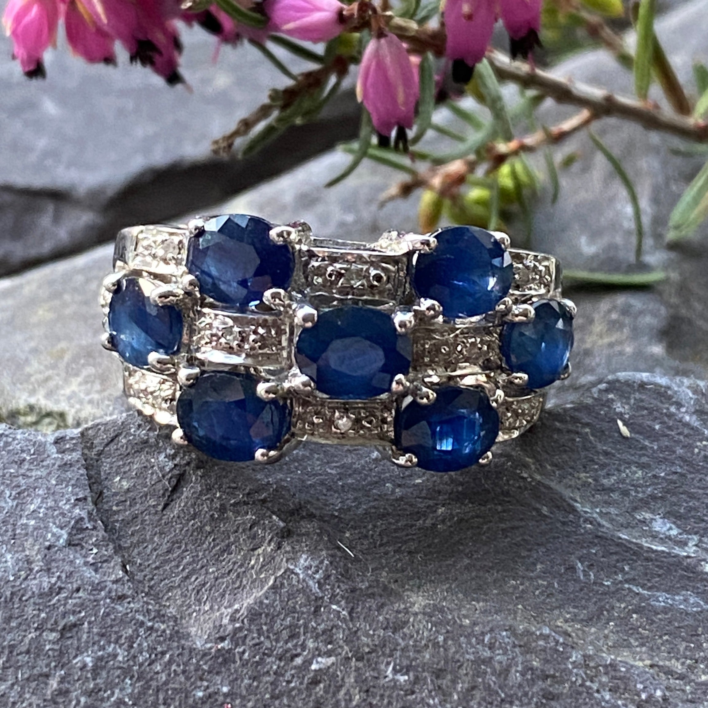 9ct Sapphire & Diamond Wide Band Ring Size O or 7 1/4 US.