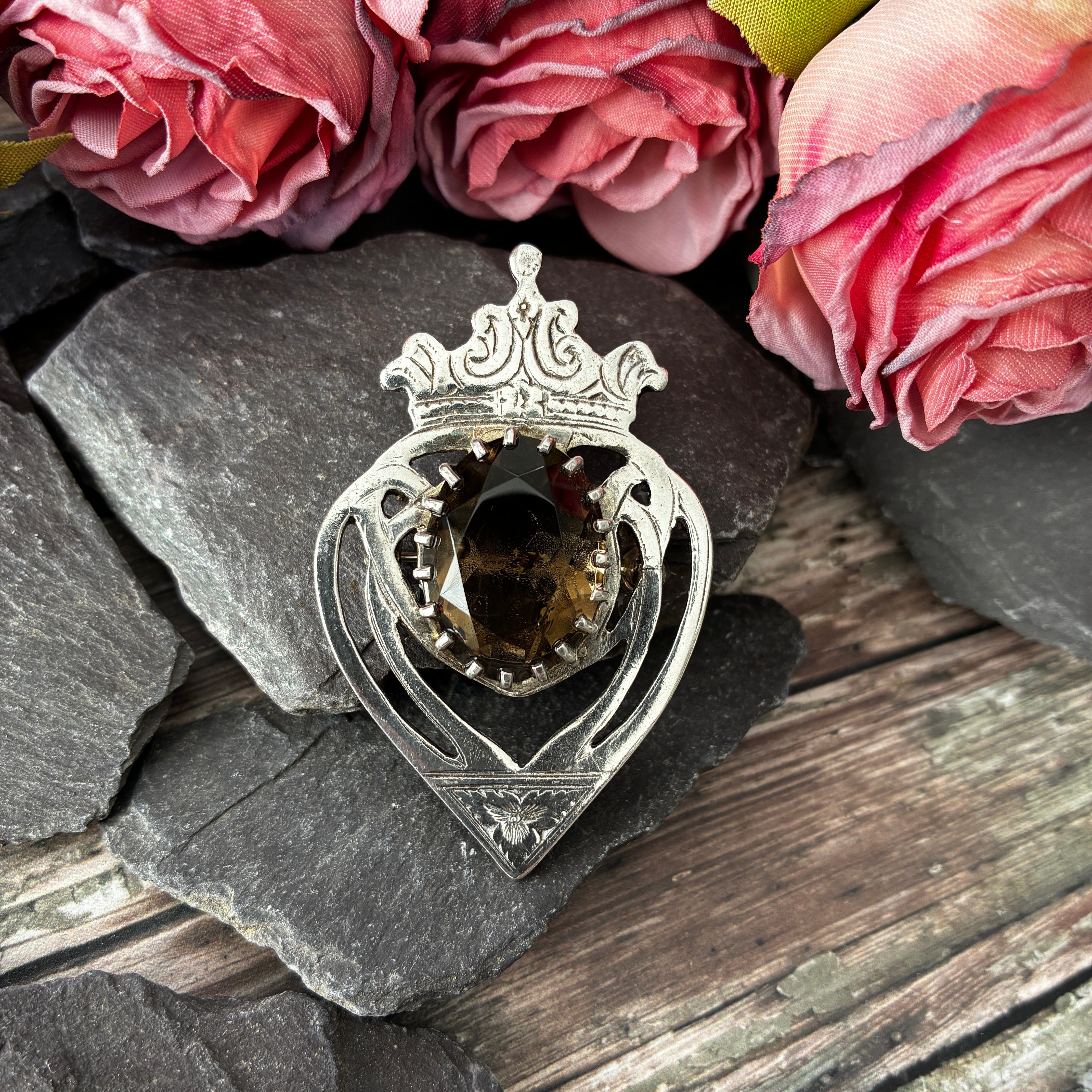 Vintage sterling silver Scottish luckenbooth heart brooch set with smoky quartz.