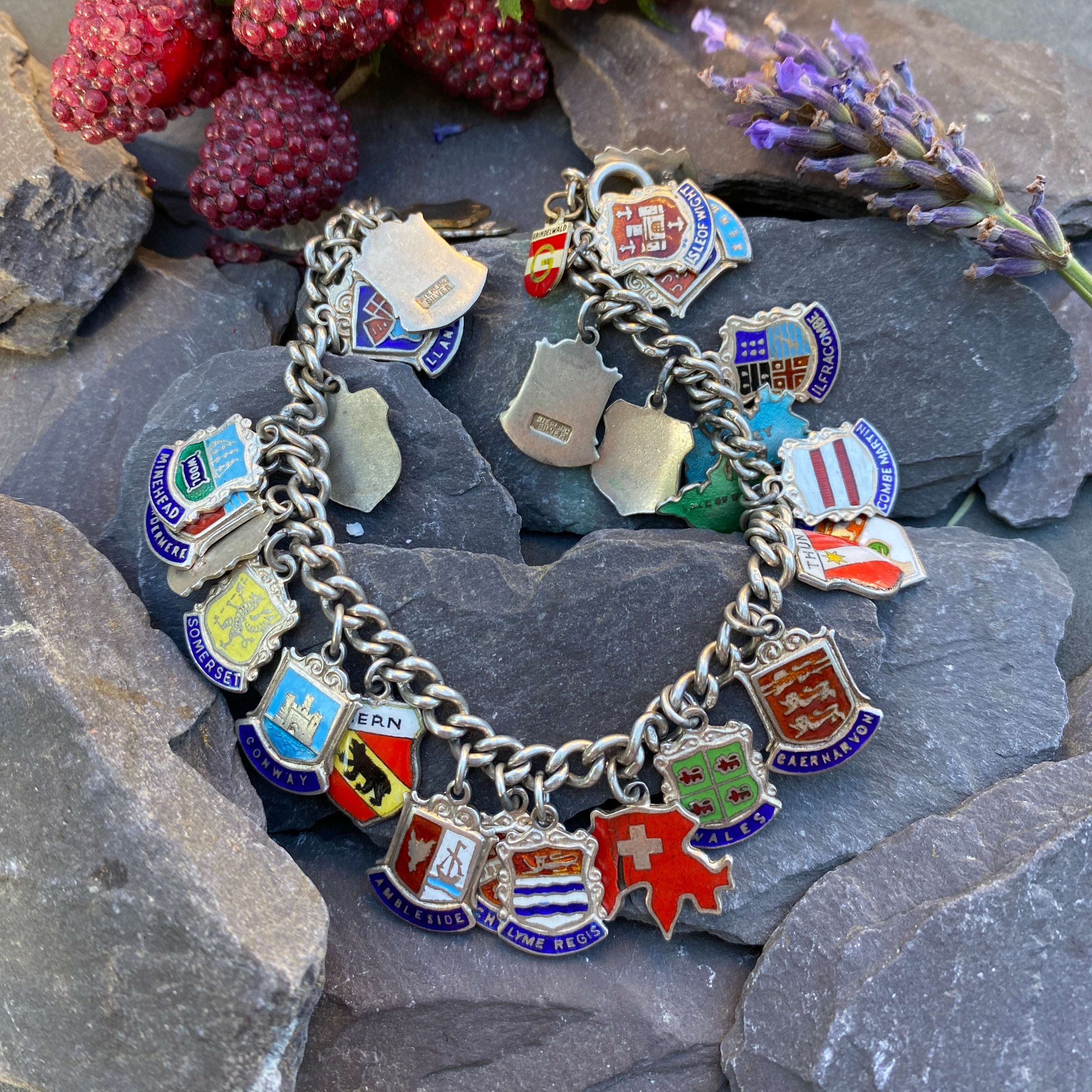 Vintage Silver Charm Bracelet With Enamel Town Shield Charms.