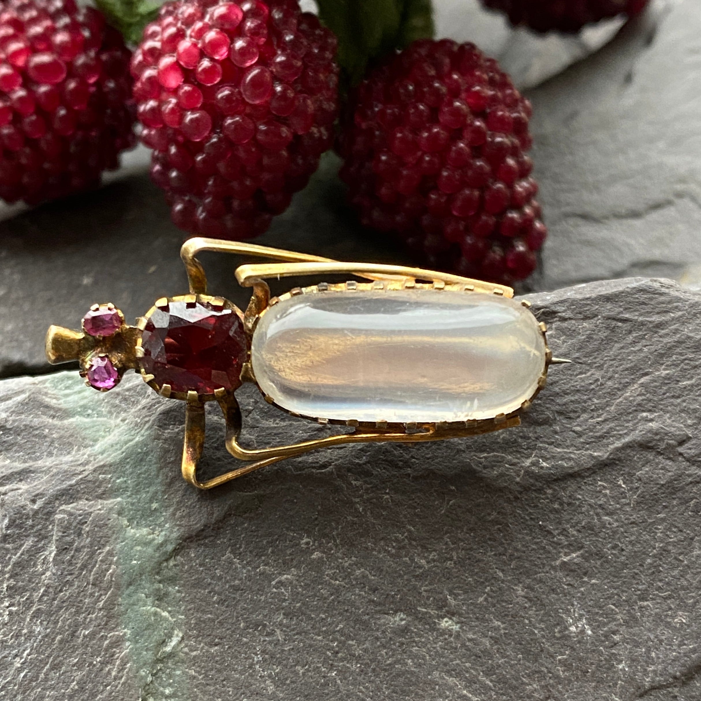 Victorian 15ct Moonstone Bug Brooch Set With Garnet & Ruby.