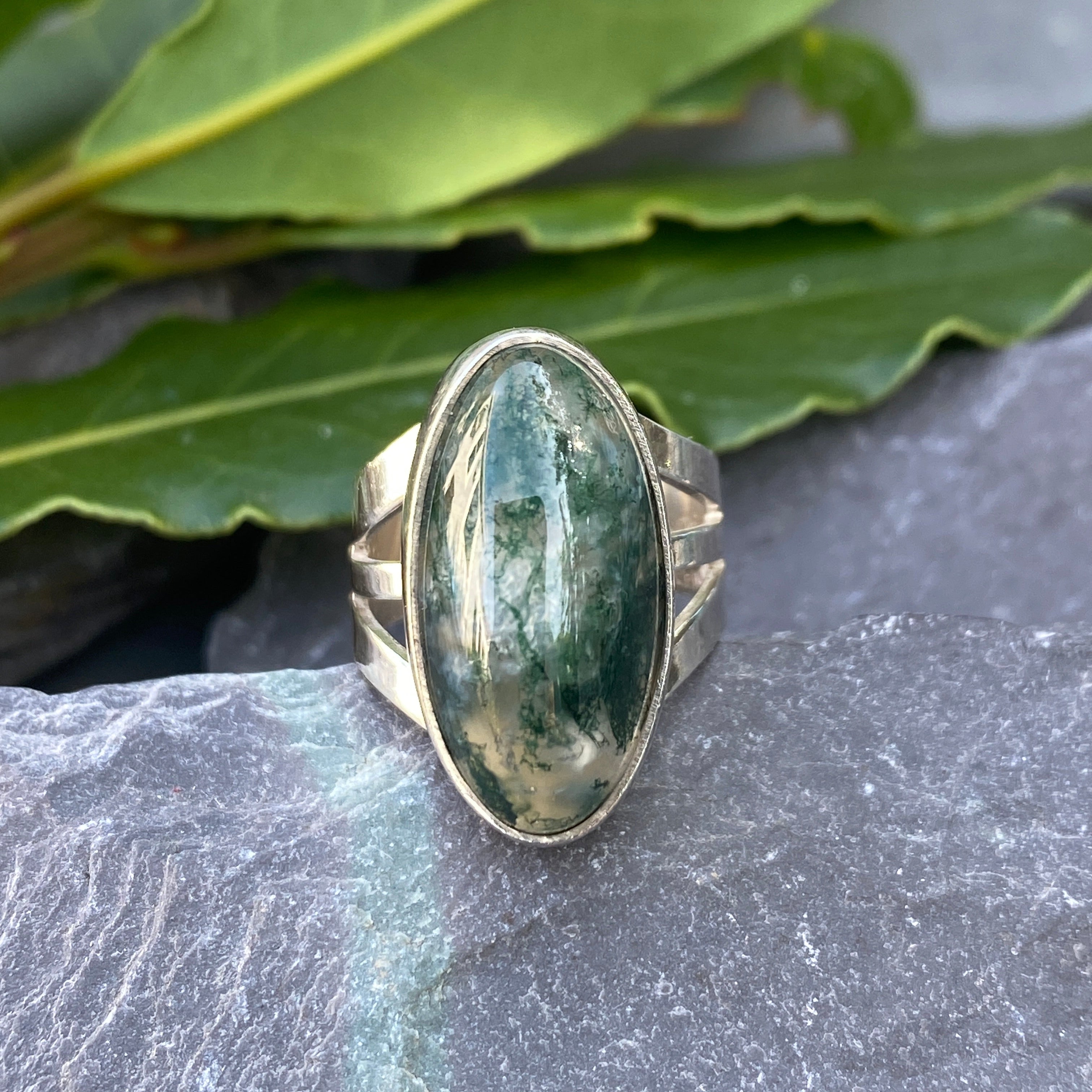 Vintage Moss Agate Ring Handmade In Silver Size K or 5 1/4 US.