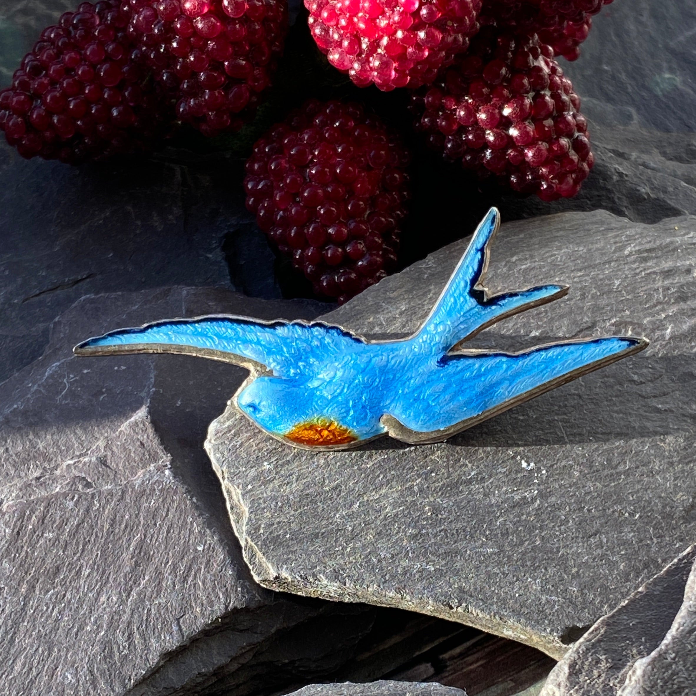 English Silver & Enamel Swallow Bird Brooch