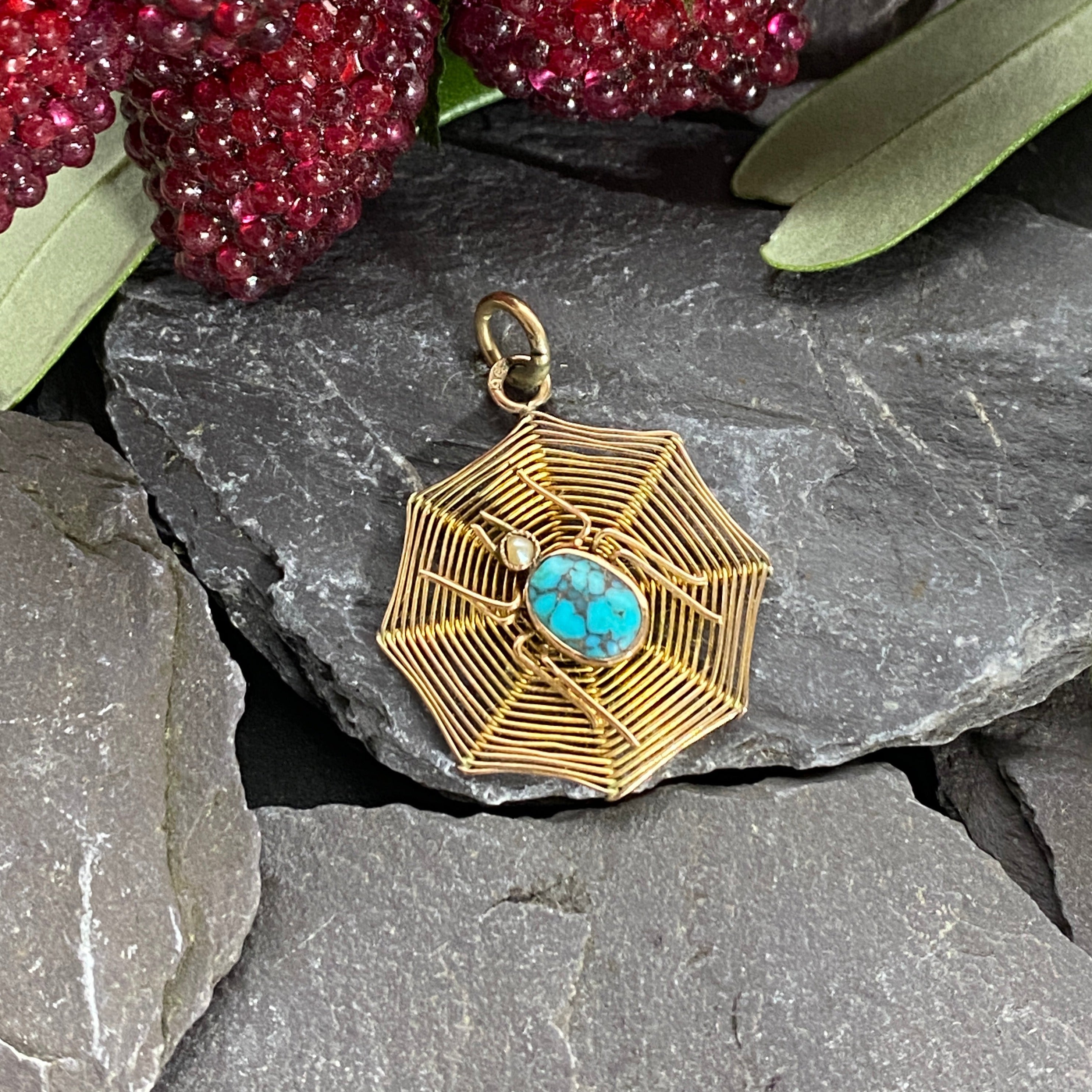 Edwardian 9ct Gold Spider in Web Turquoise & Pearl Pendant