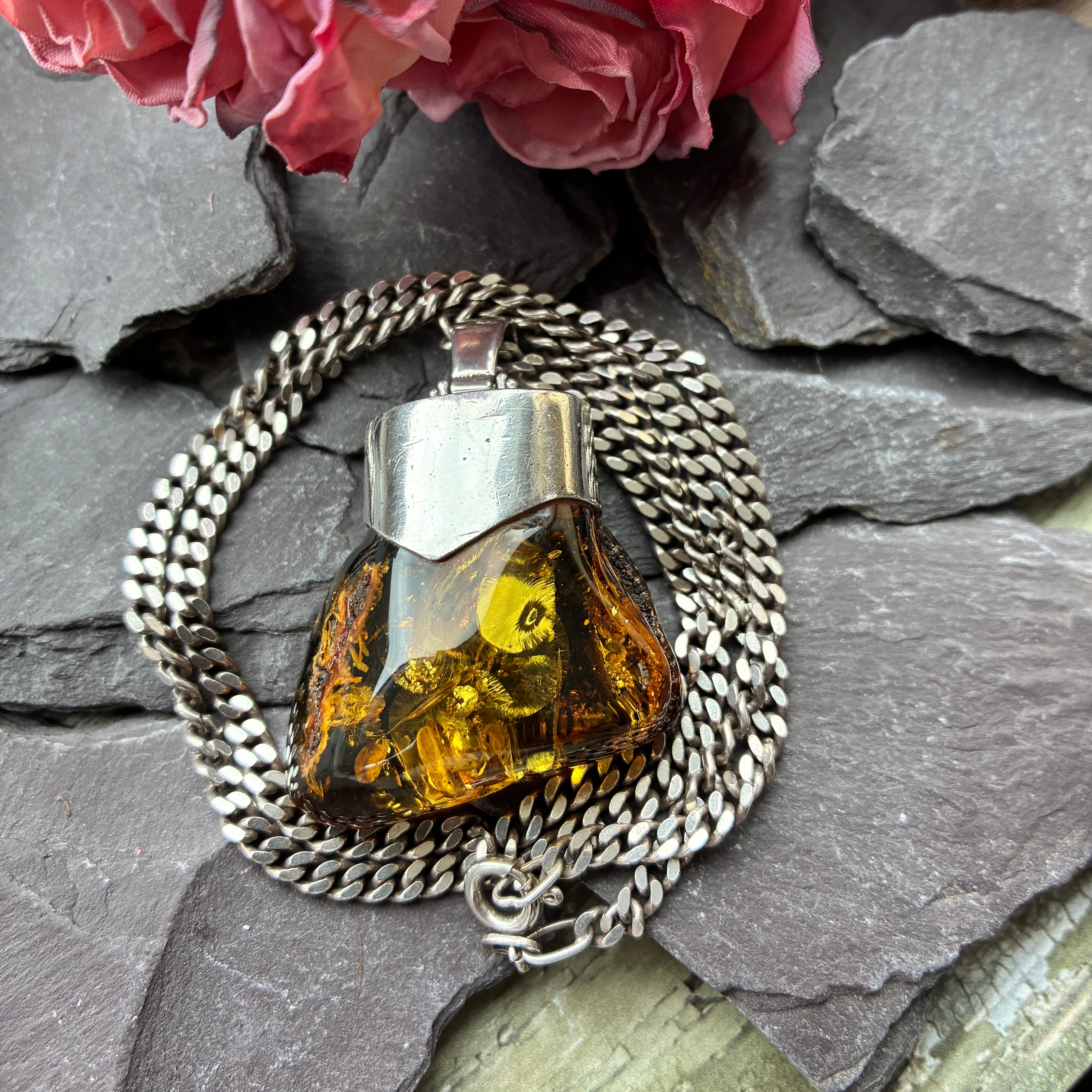 Vintage Sterling Silver Large Amber pendant and heavy chain.