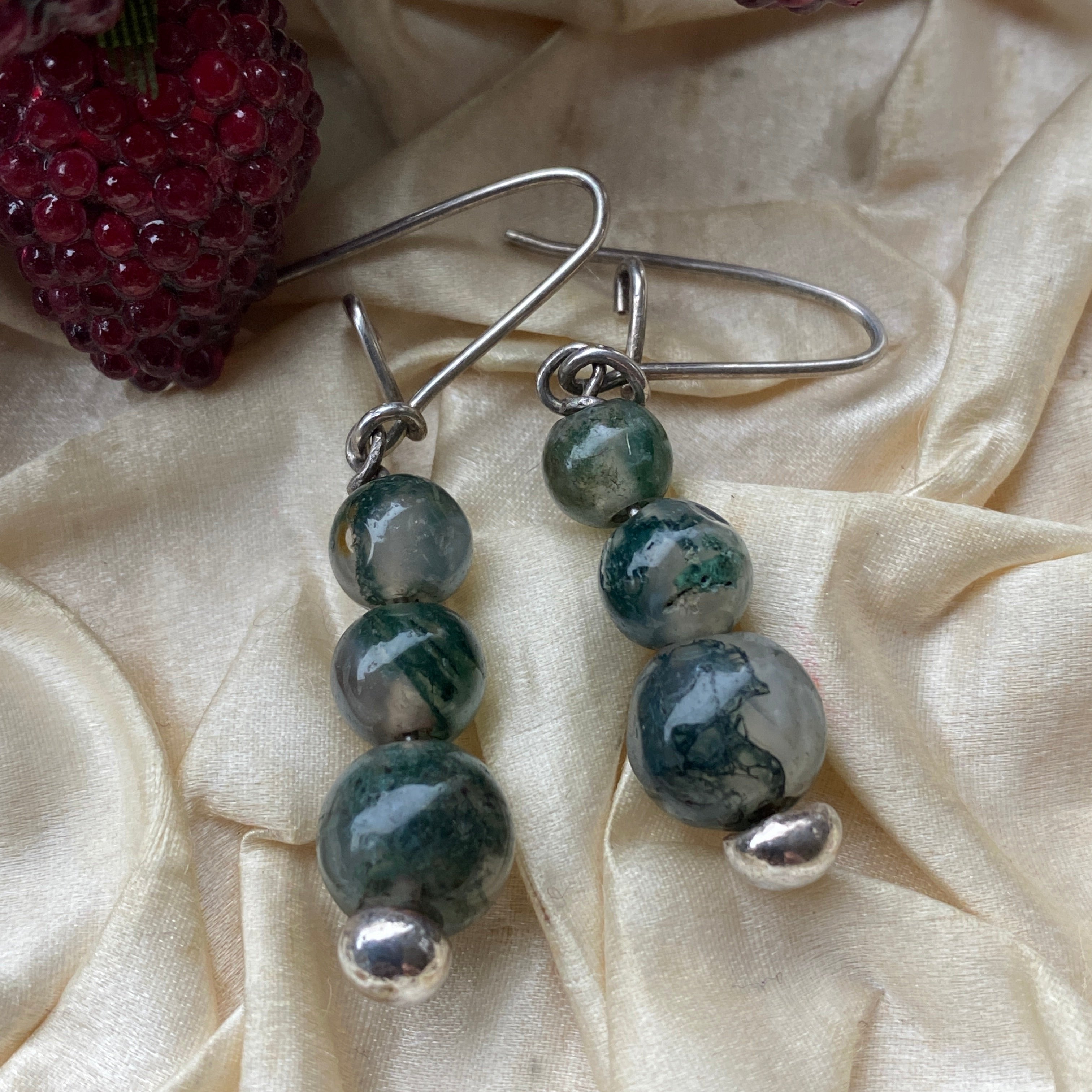 Vintage Moss Agate & Silver Drop Earrings.