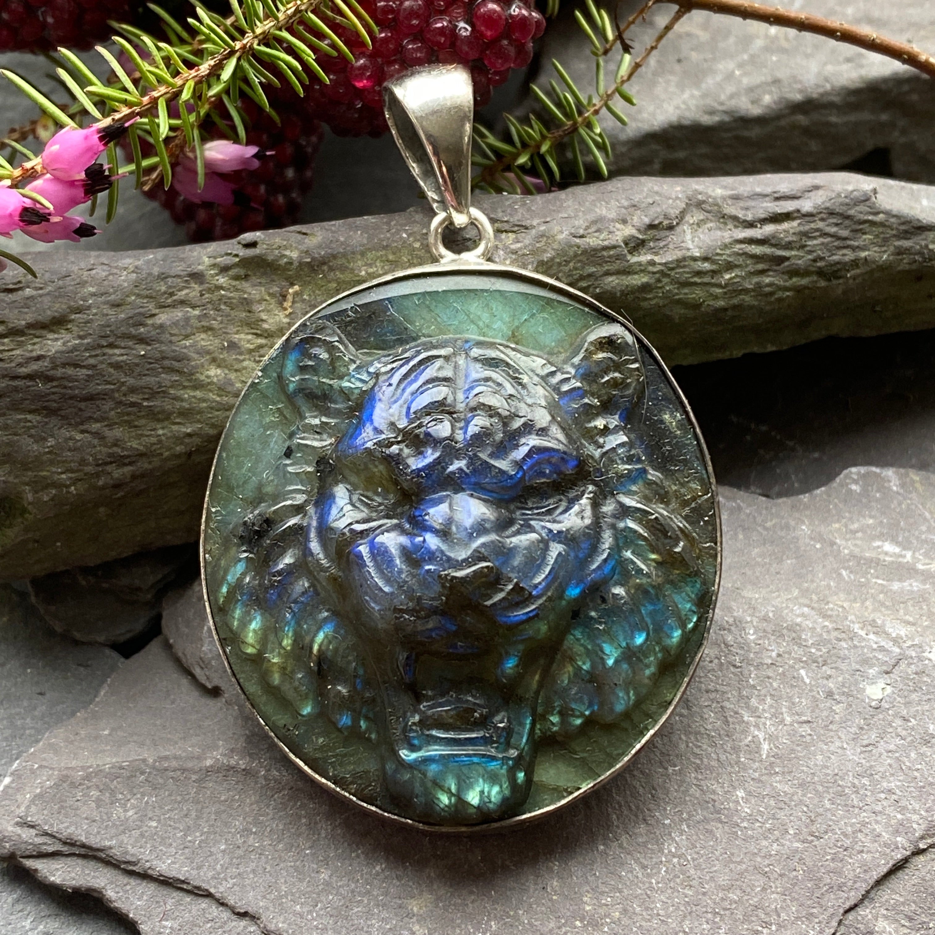 Carved Lion Labradorite Pendant In Sterling Silver.