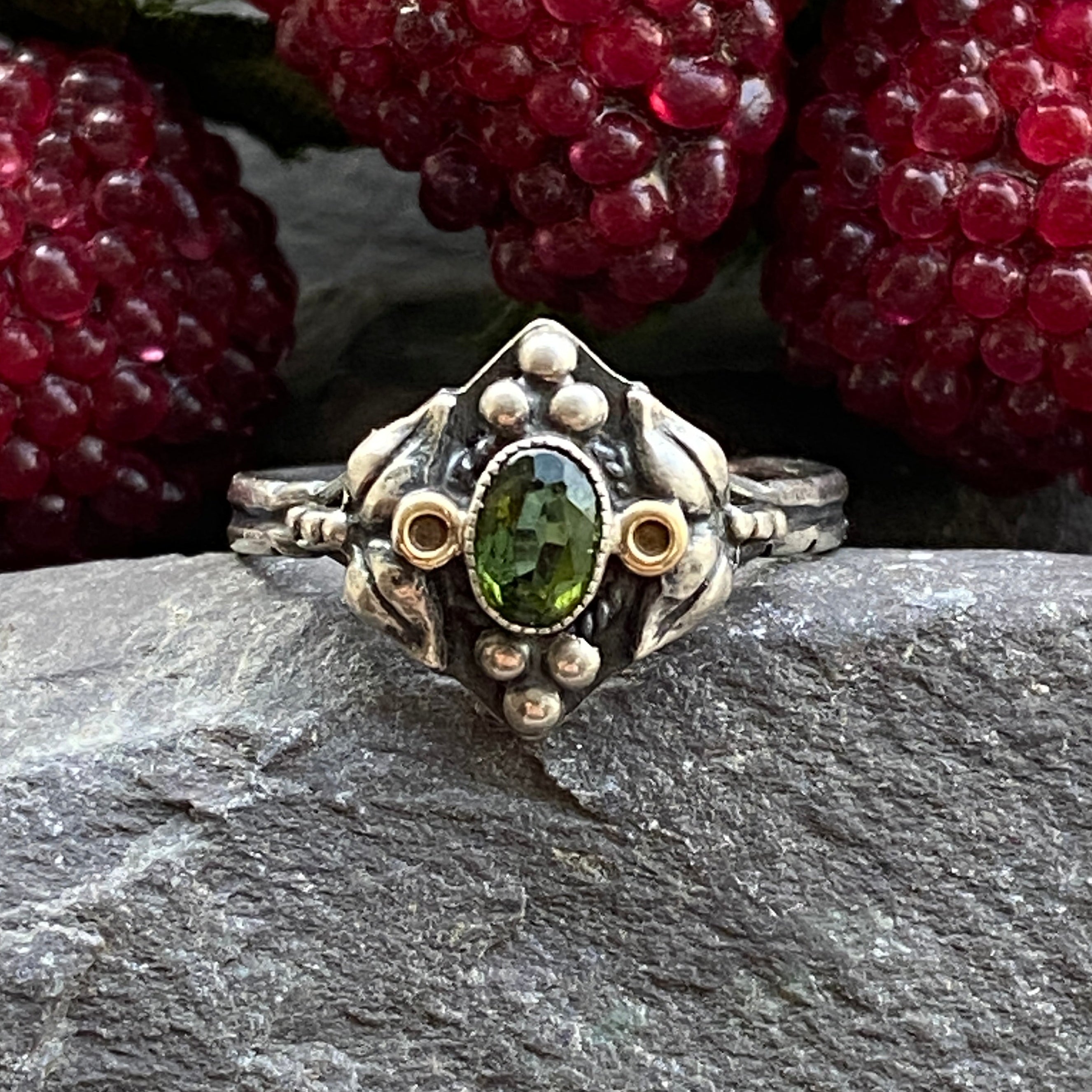 Arts & Crafts Silver & Gold Tourmaline Ring Size L 1/2 or 6 US.