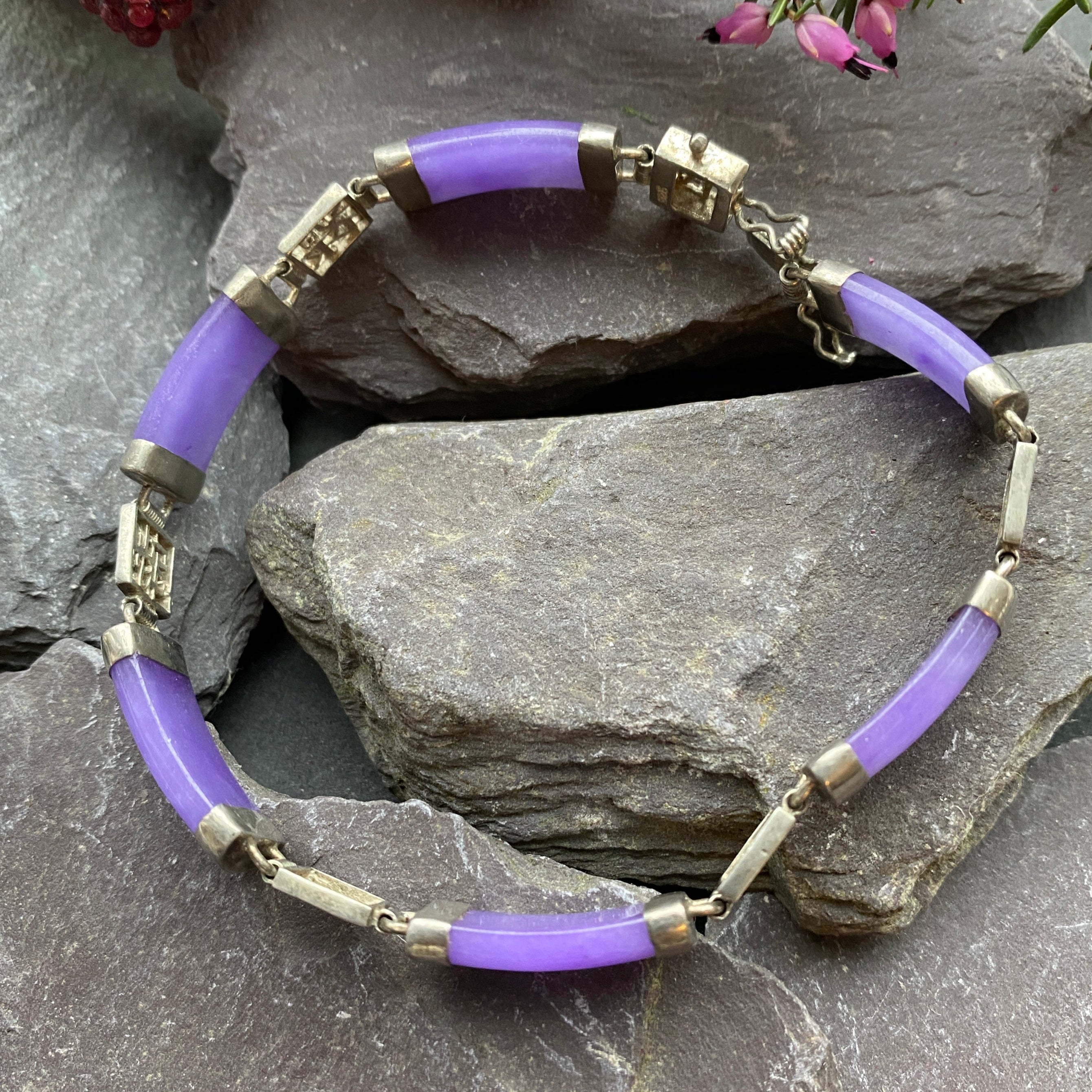 Vintage Chinese Silver & Purple Jade Panel Bracelet .