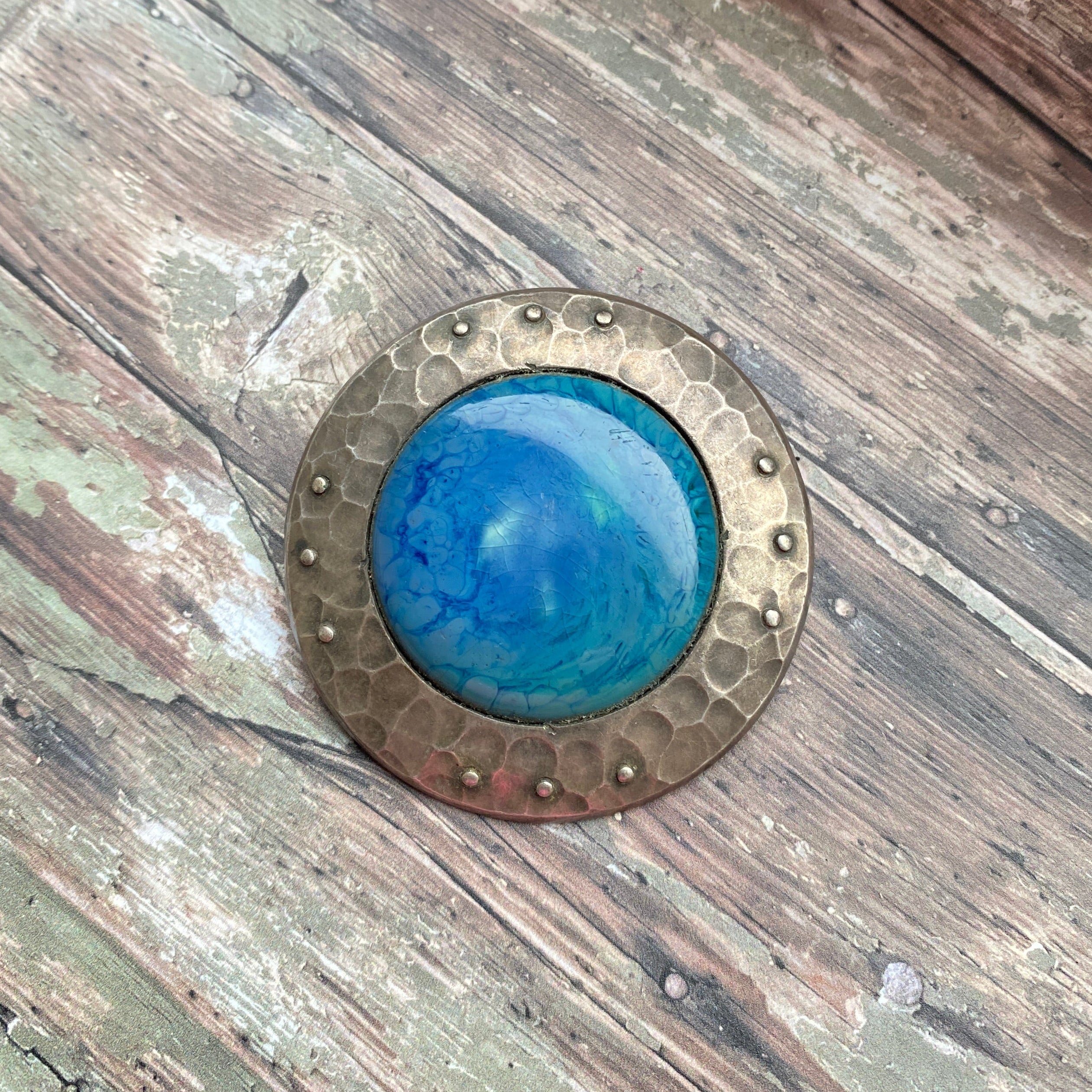 Ats & Crafts period pewter brooch with blue ceramic plaque