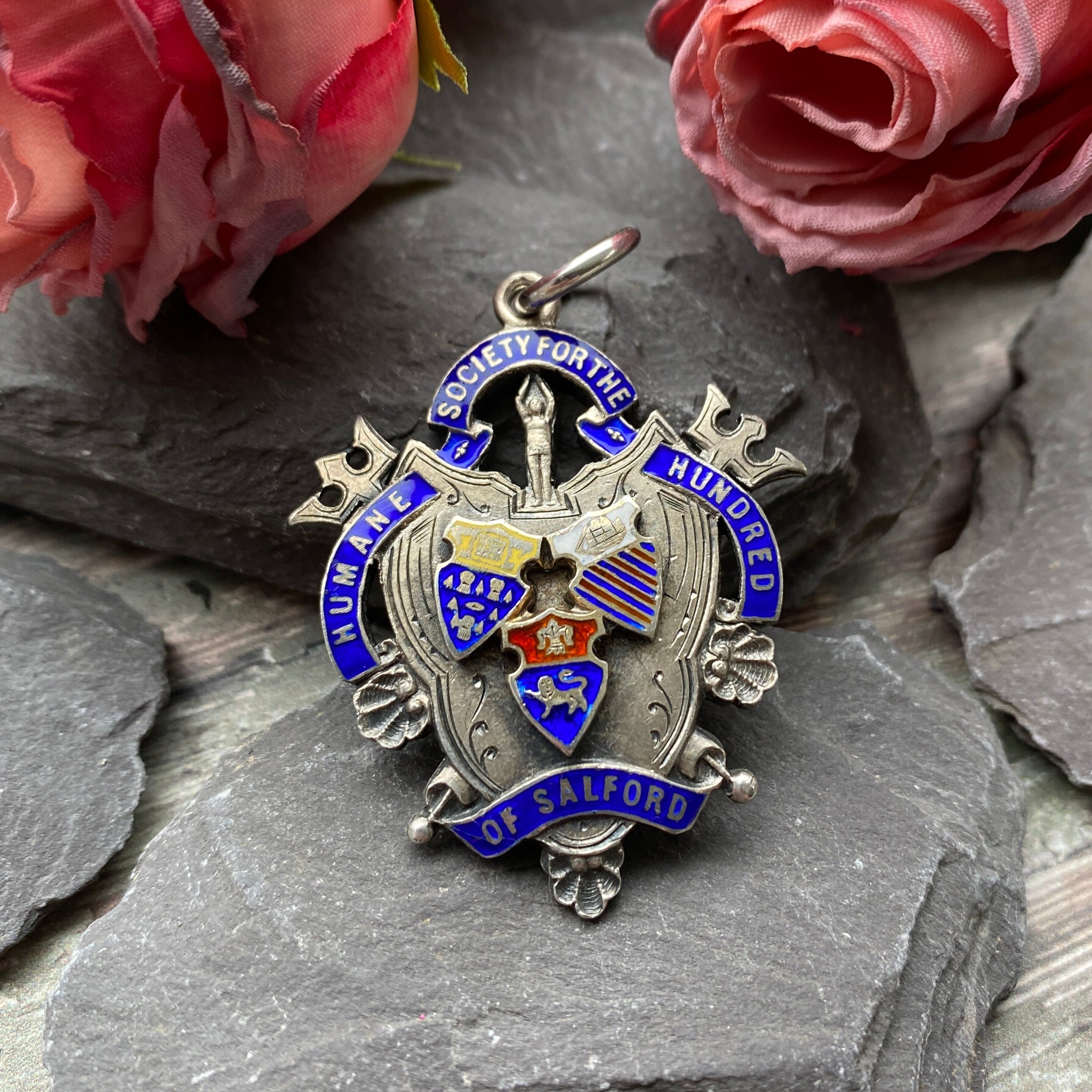 Antique silver fob medal with enamel detail