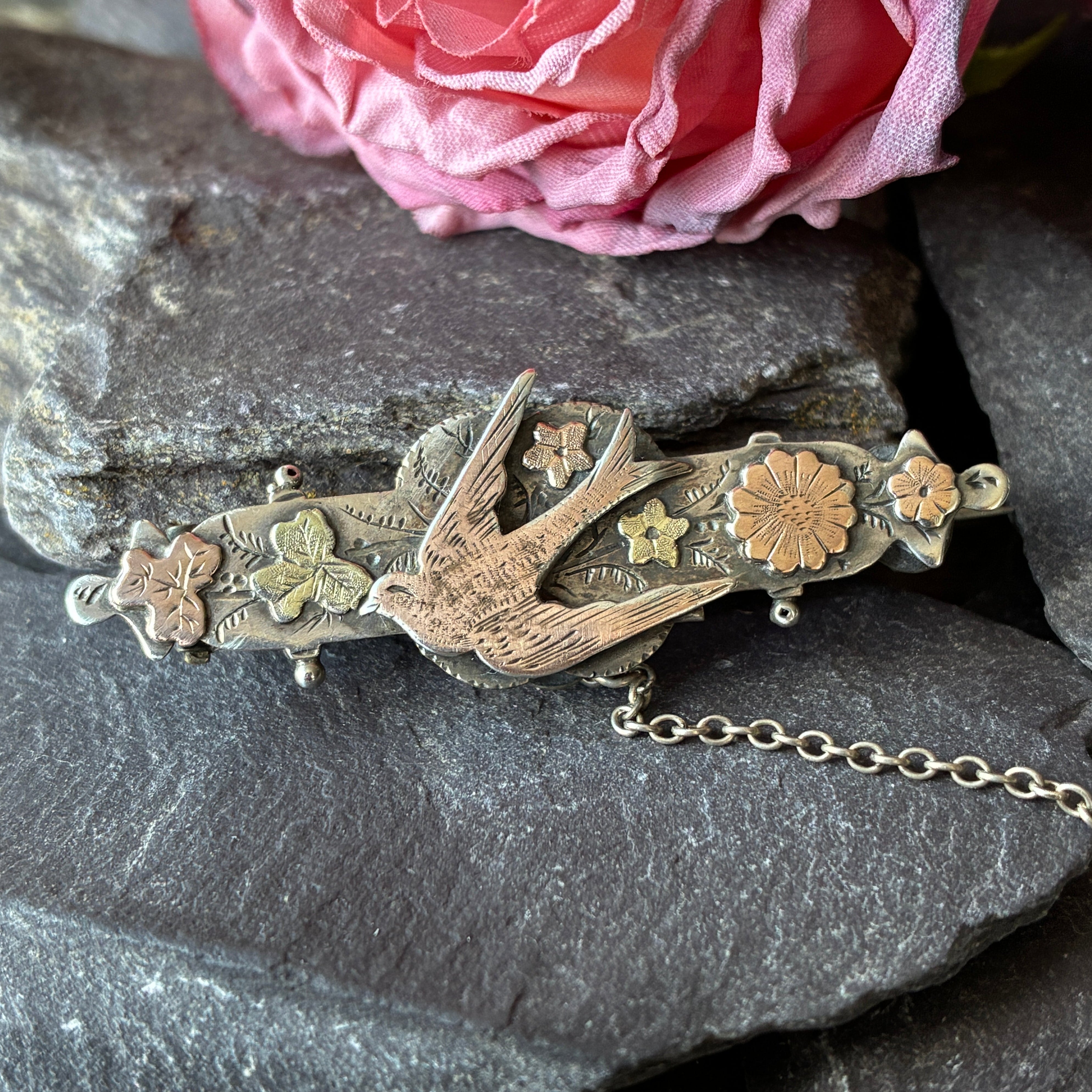 Antique Victorian  Sterling Silver Sentiment Brooch Depicting a swallow & Forget me nots.