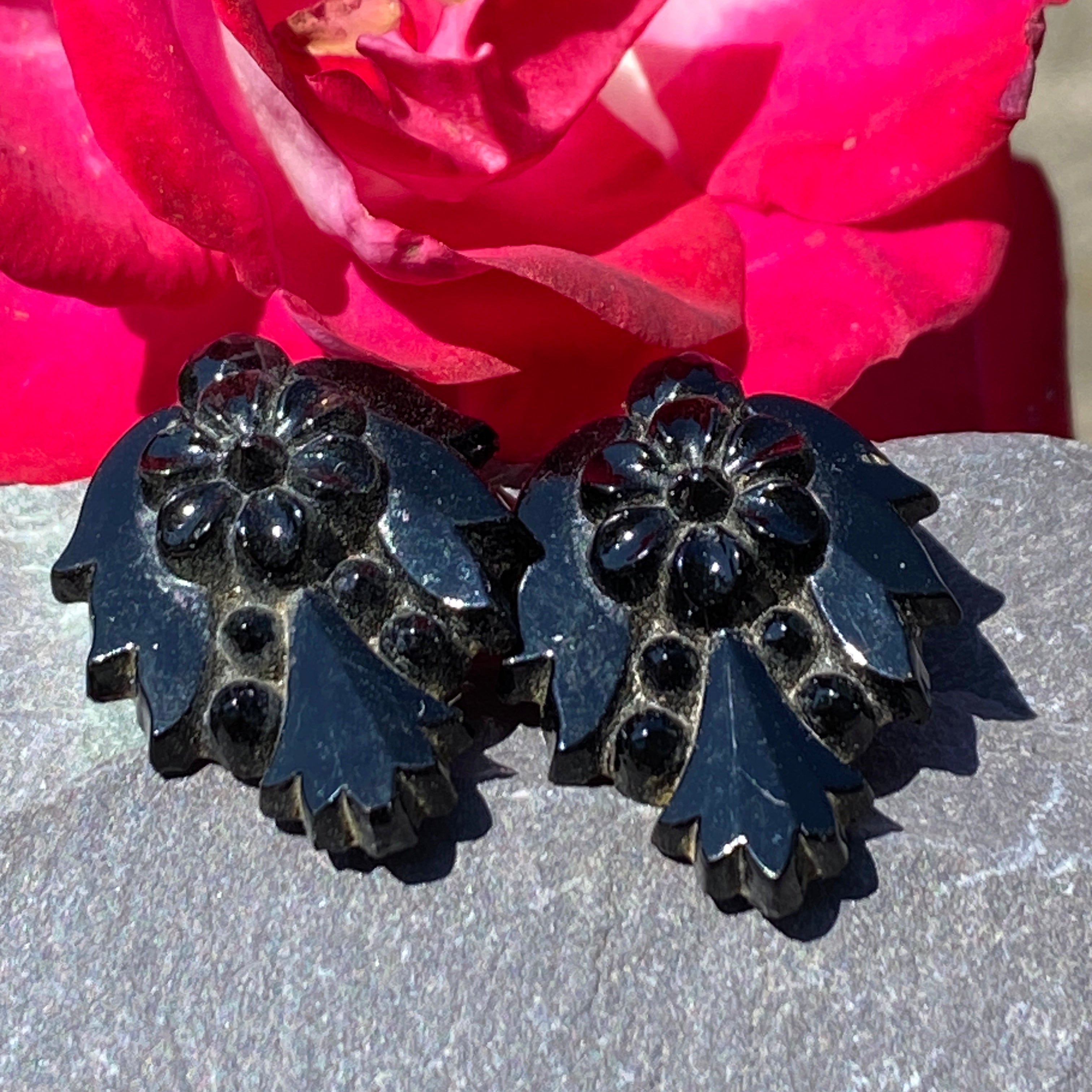 Victorian Vauxhall Glass Clip On Mourning Earrings.