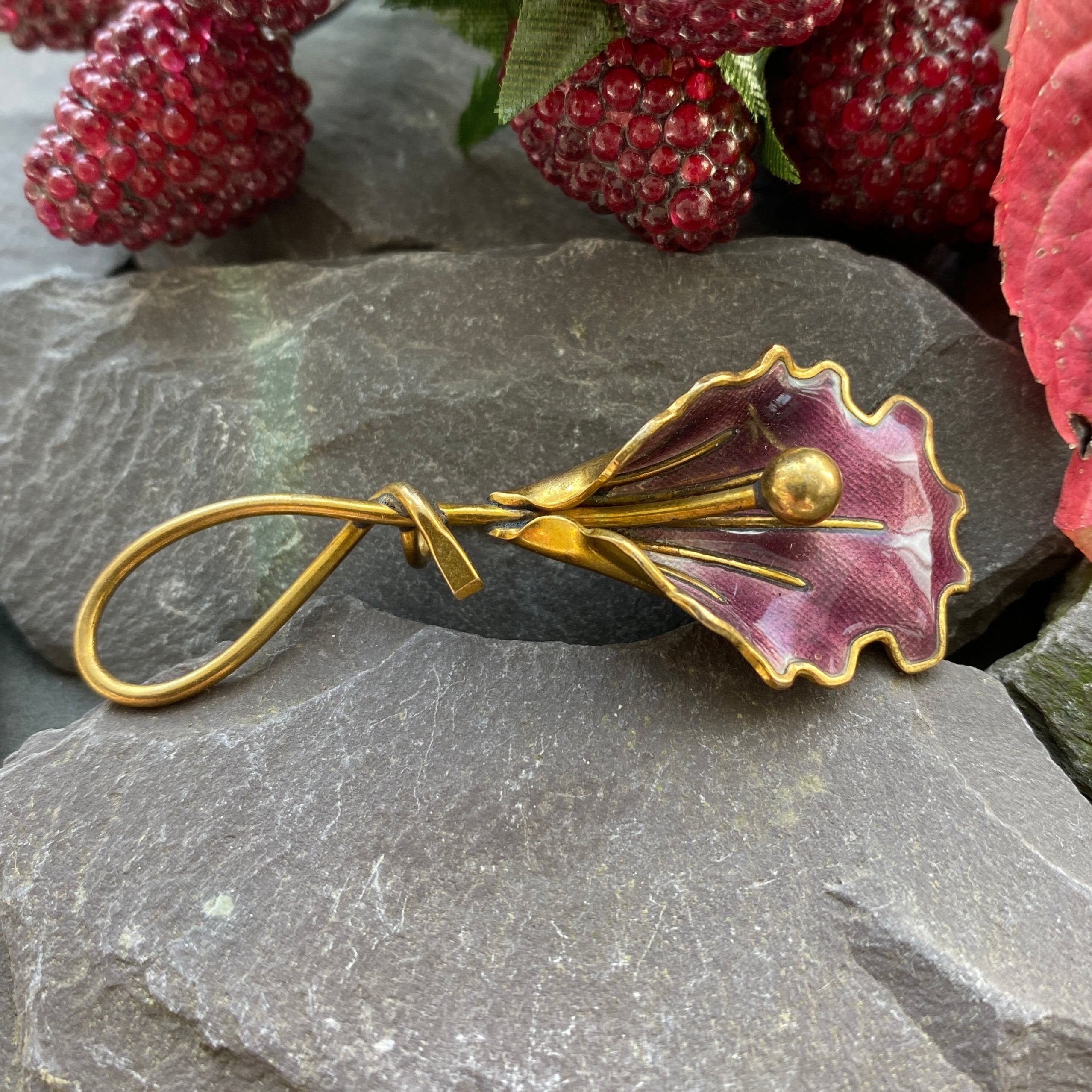 Vintage Aksel Holmsen Enamel Vermeil Flower Brooch.