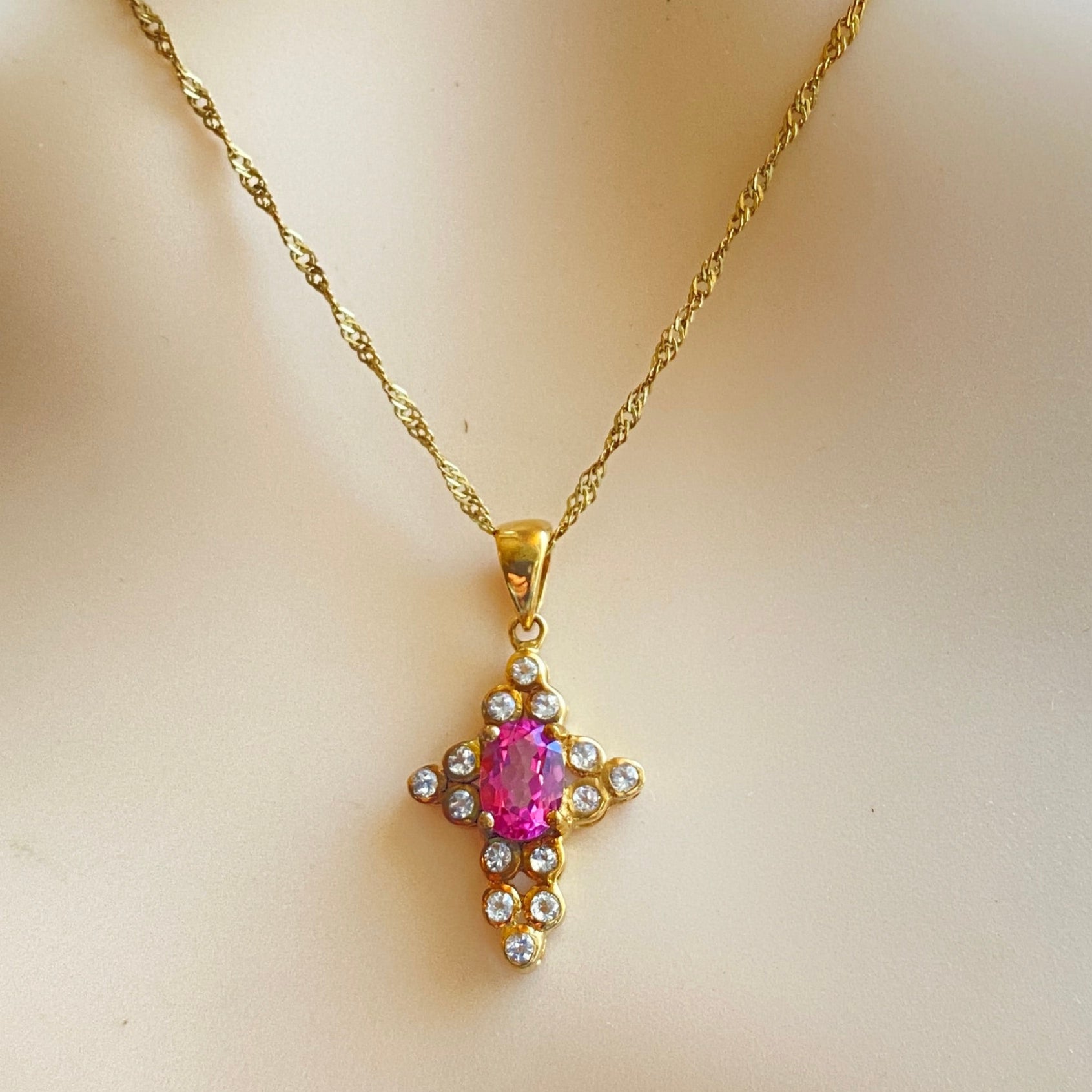 9ct Yellow Gold Pink Spinel And White Spinel Cross