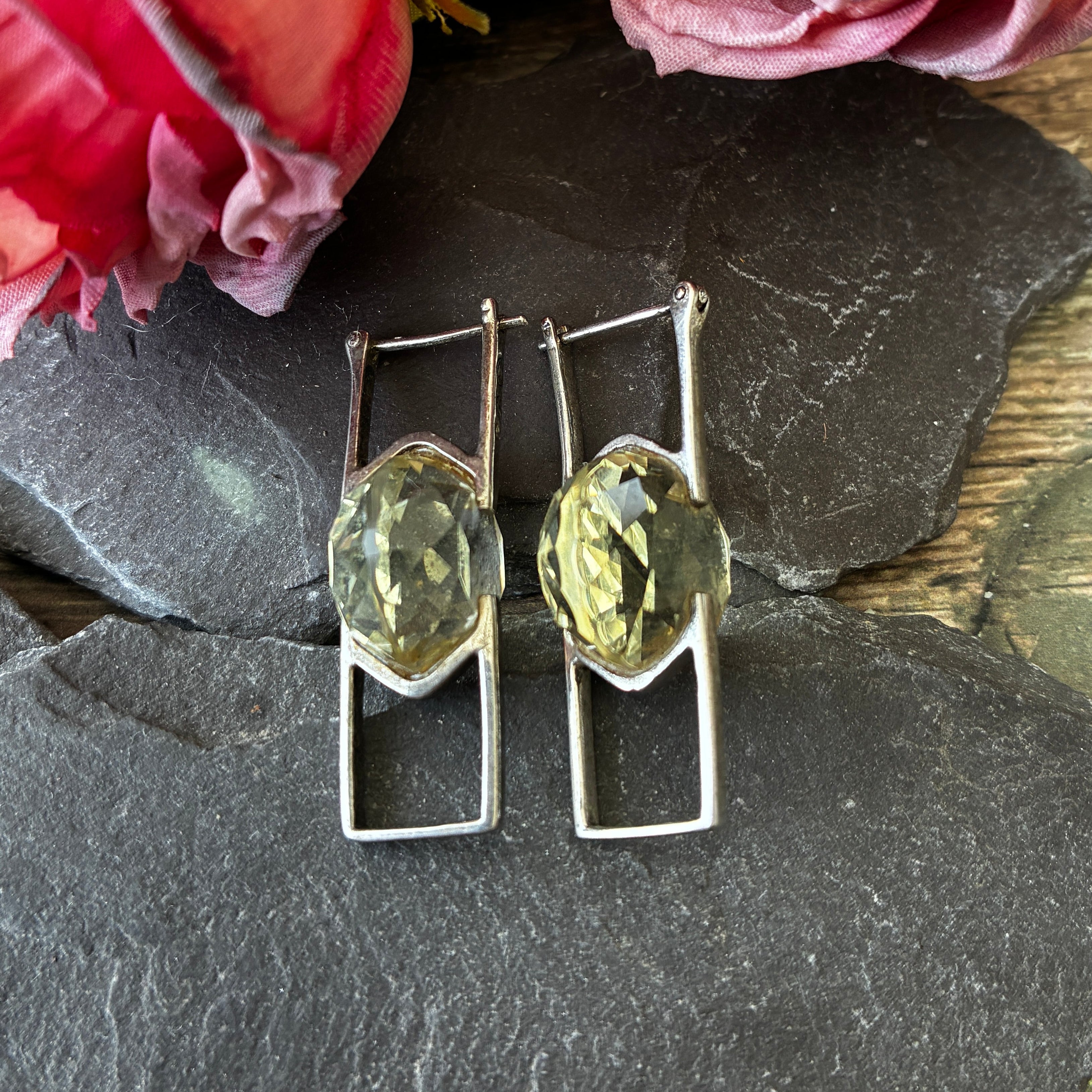 Sterling silver and Citrine geometric design drop earrings.