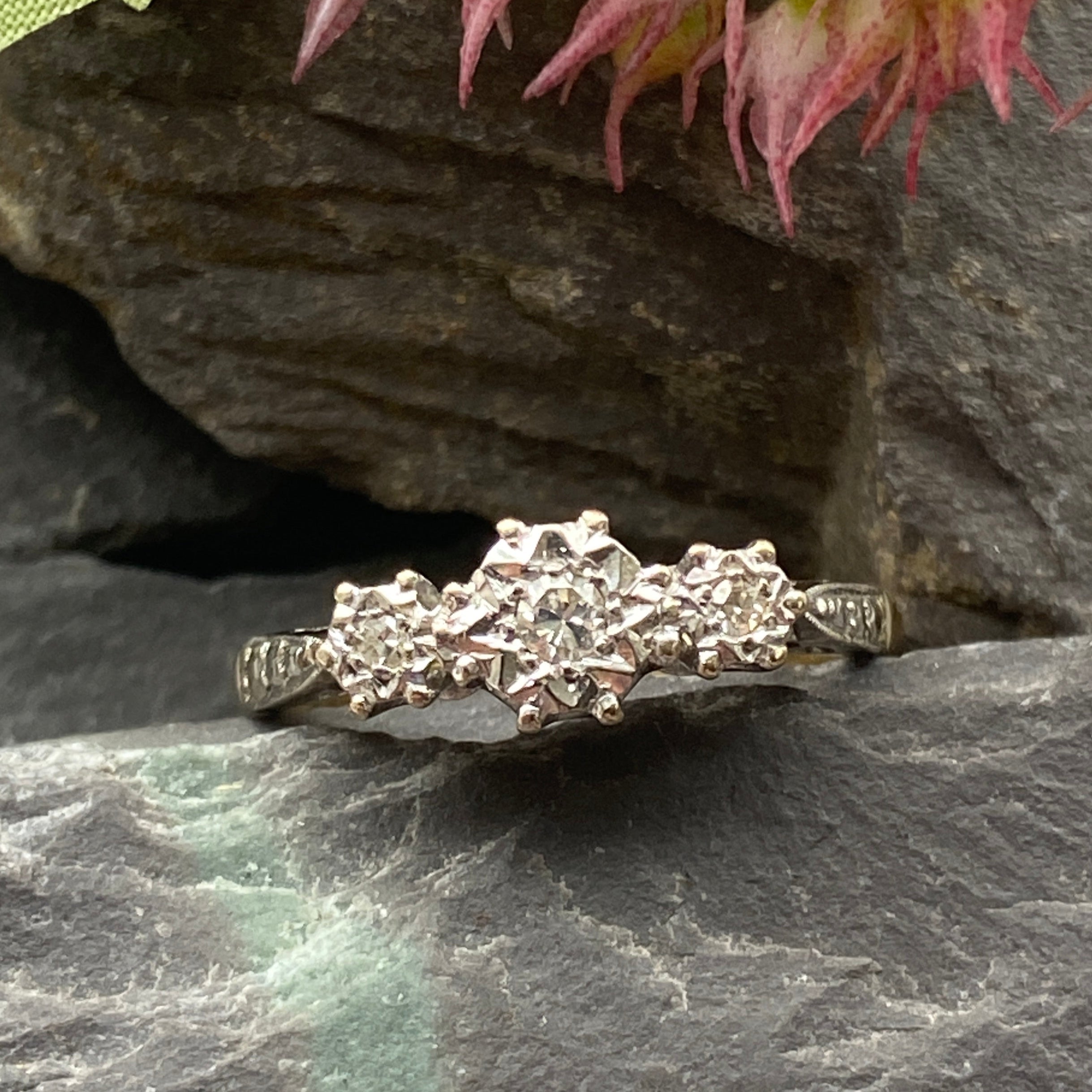 Vintage 18ct Three Diamond Ring Size O or 7 1/4 US.