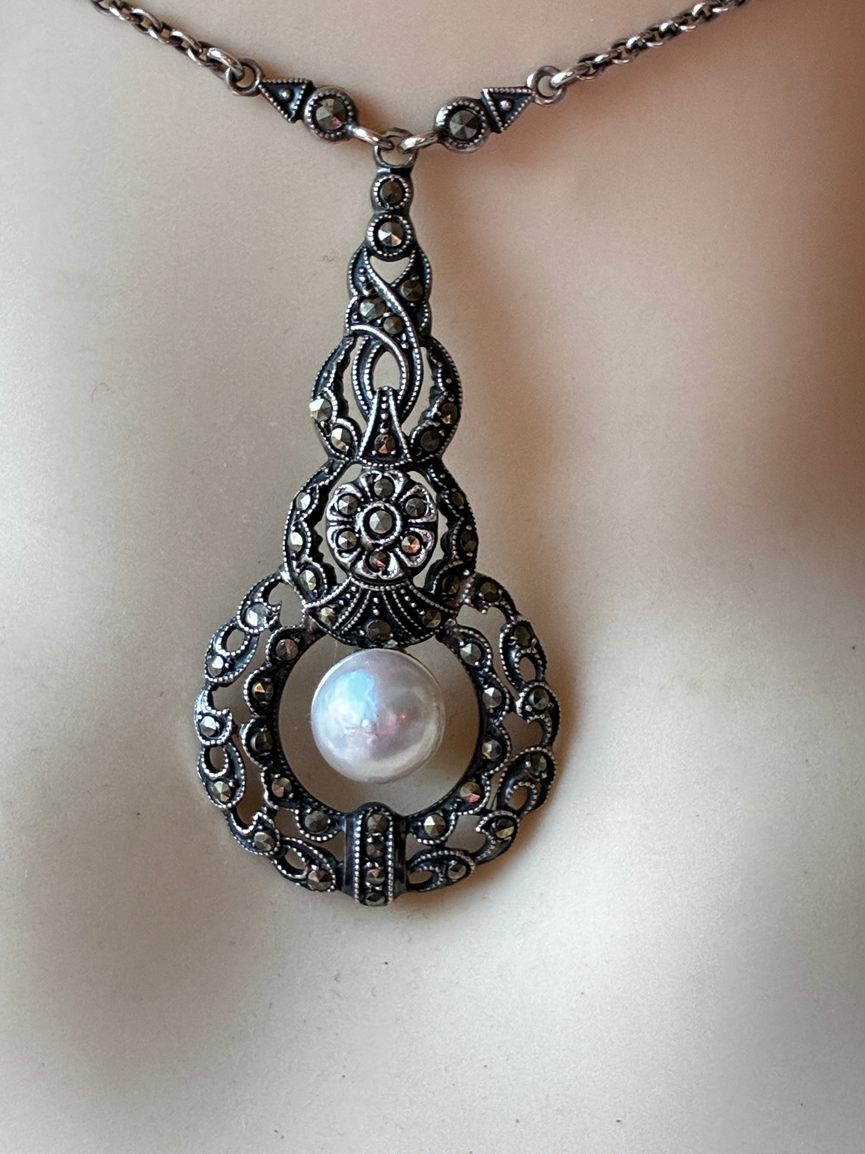 Antique Silver Mabe Pearl & Marcasite Pendant Necklace.