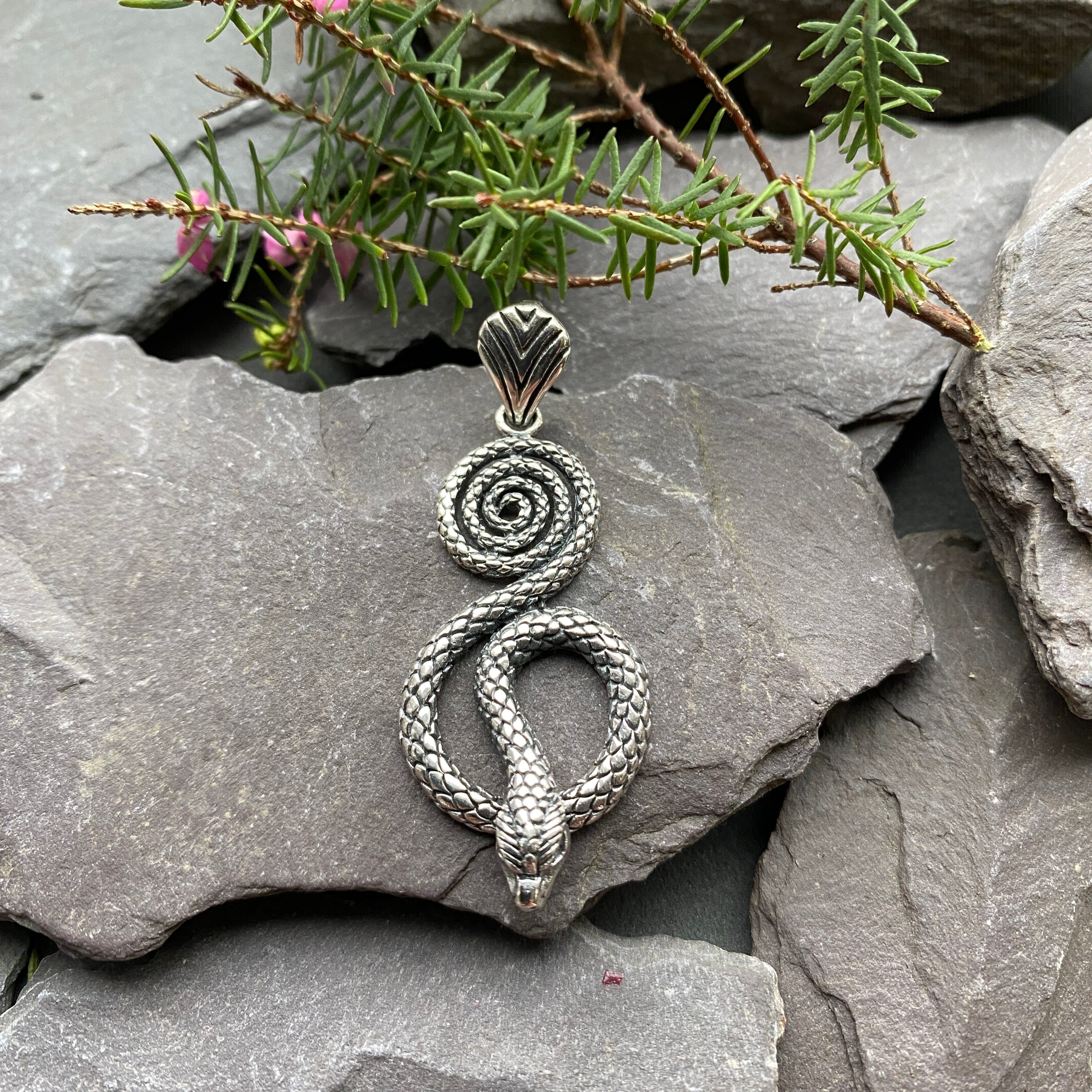 Silver Coiled Snake Serpent Pendant.