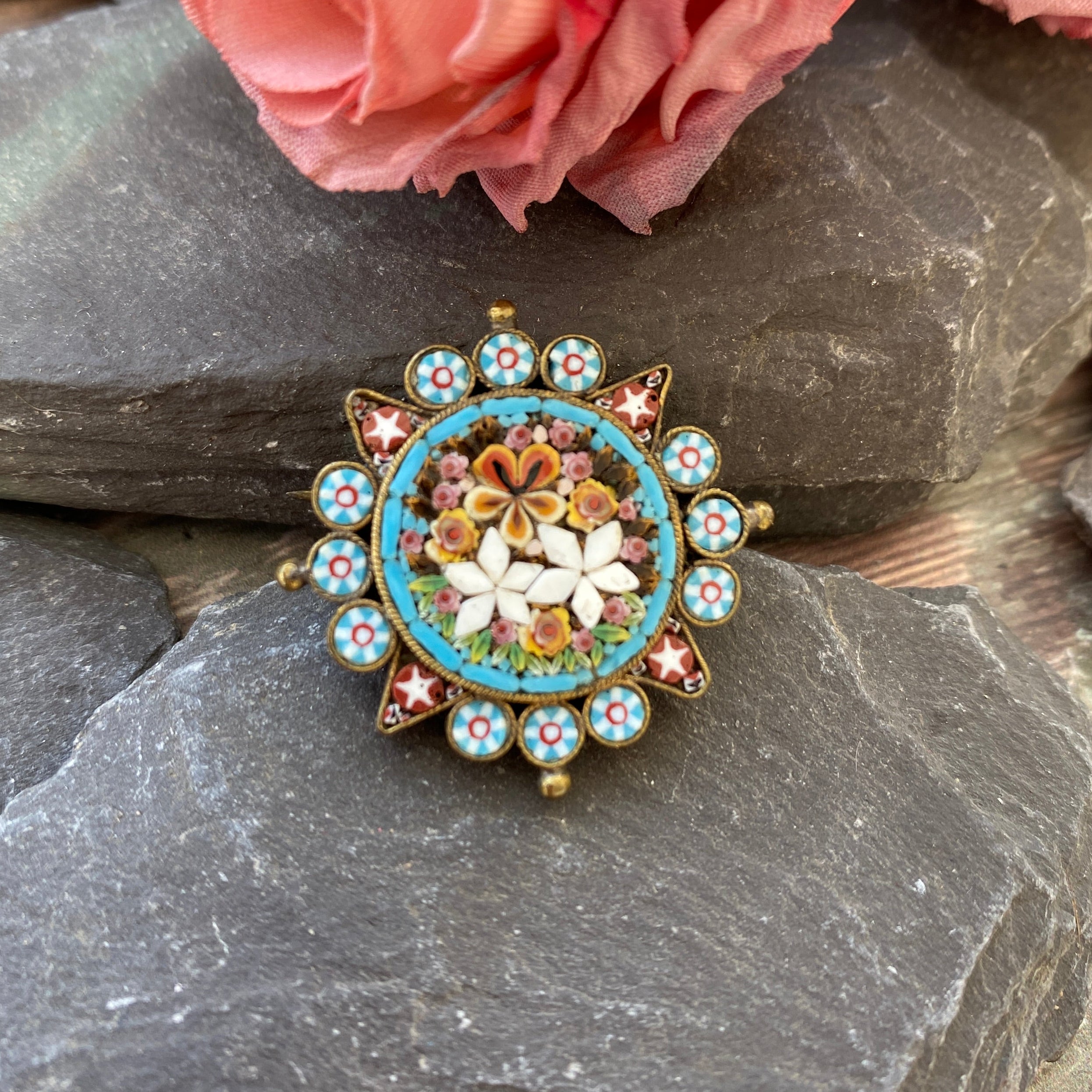 Antique Micro Mosaic Italian Brooch with floral design.