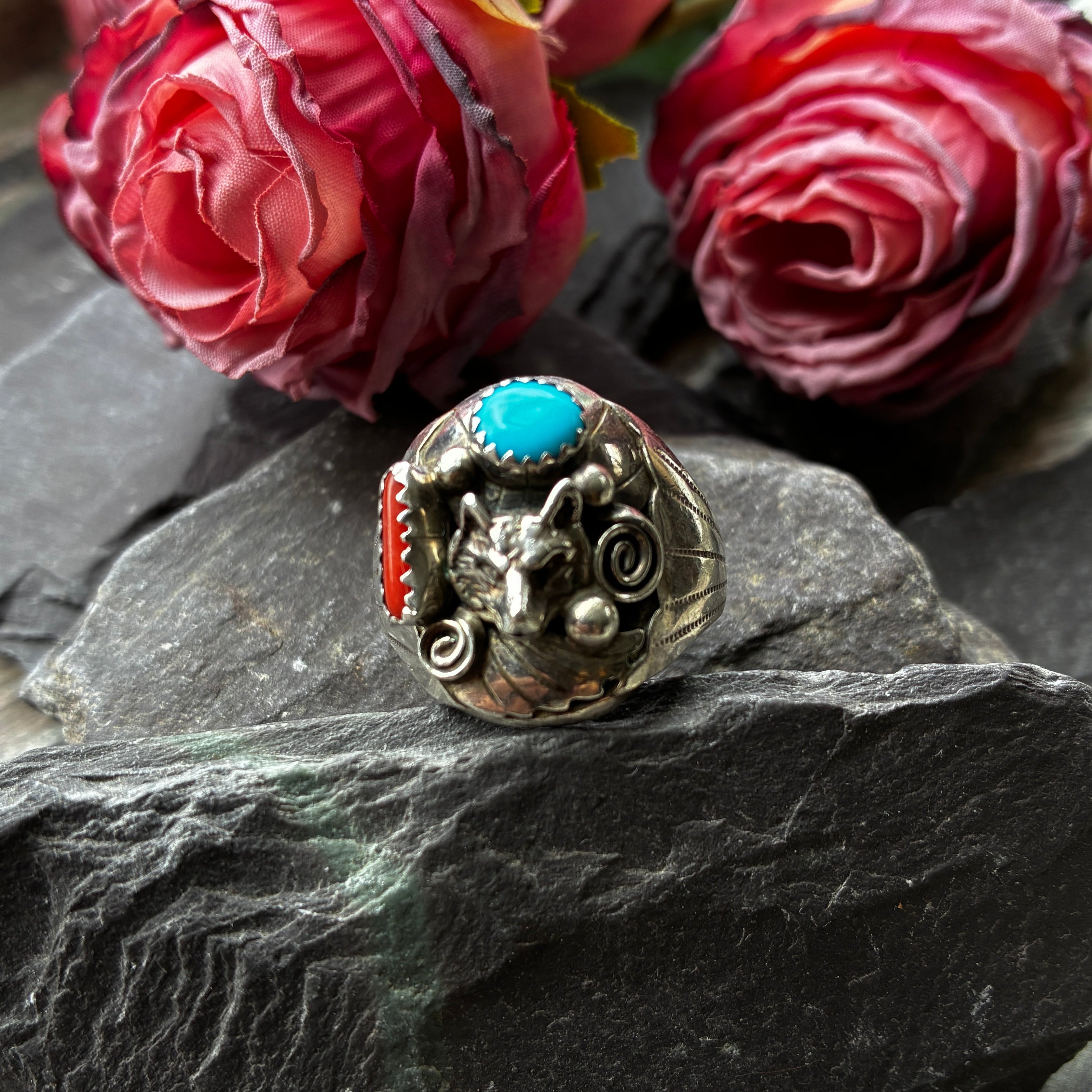 Native American Turquoise & Coral Wolf head ring.
