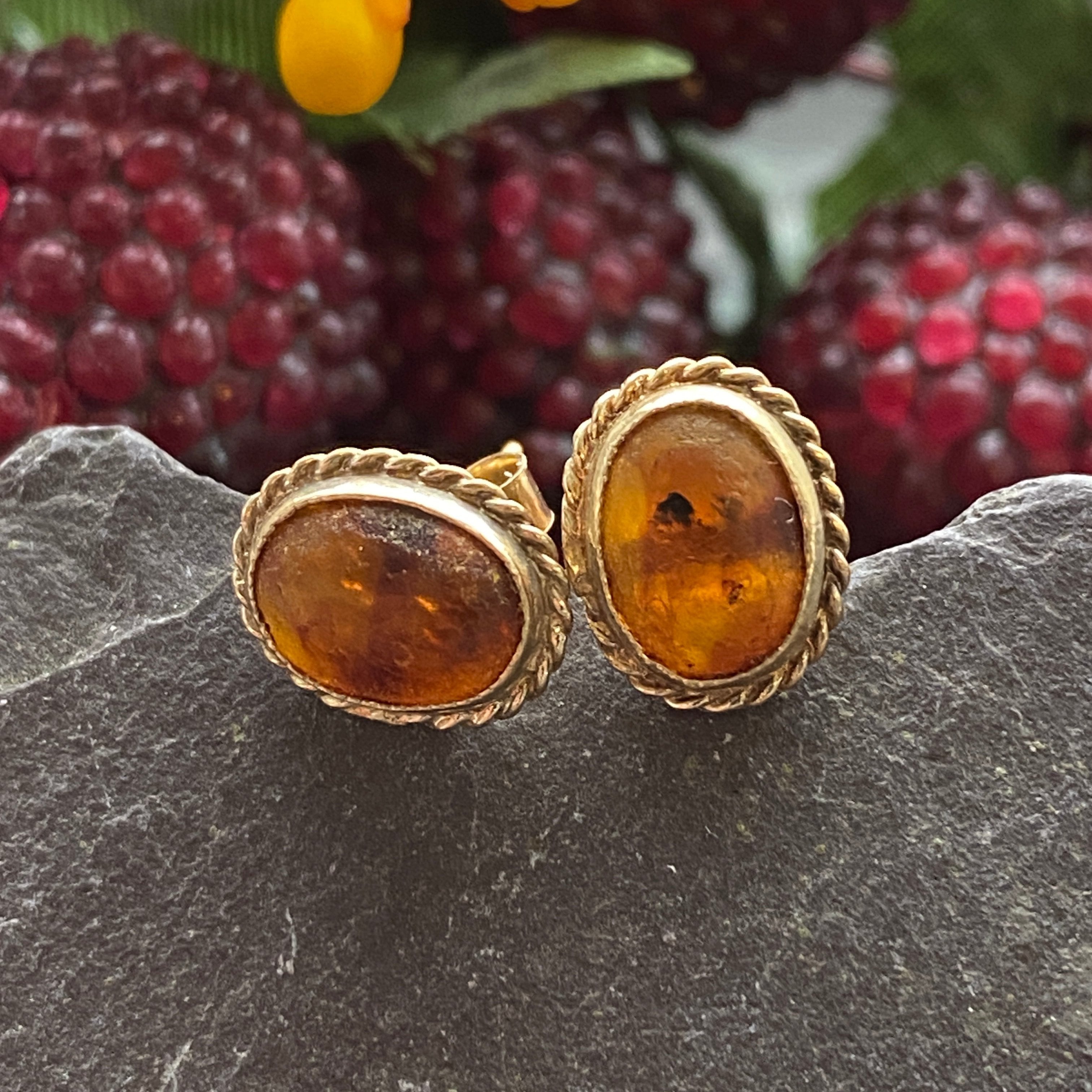 Vintage 9ct Gold Amber Stud Earrings.