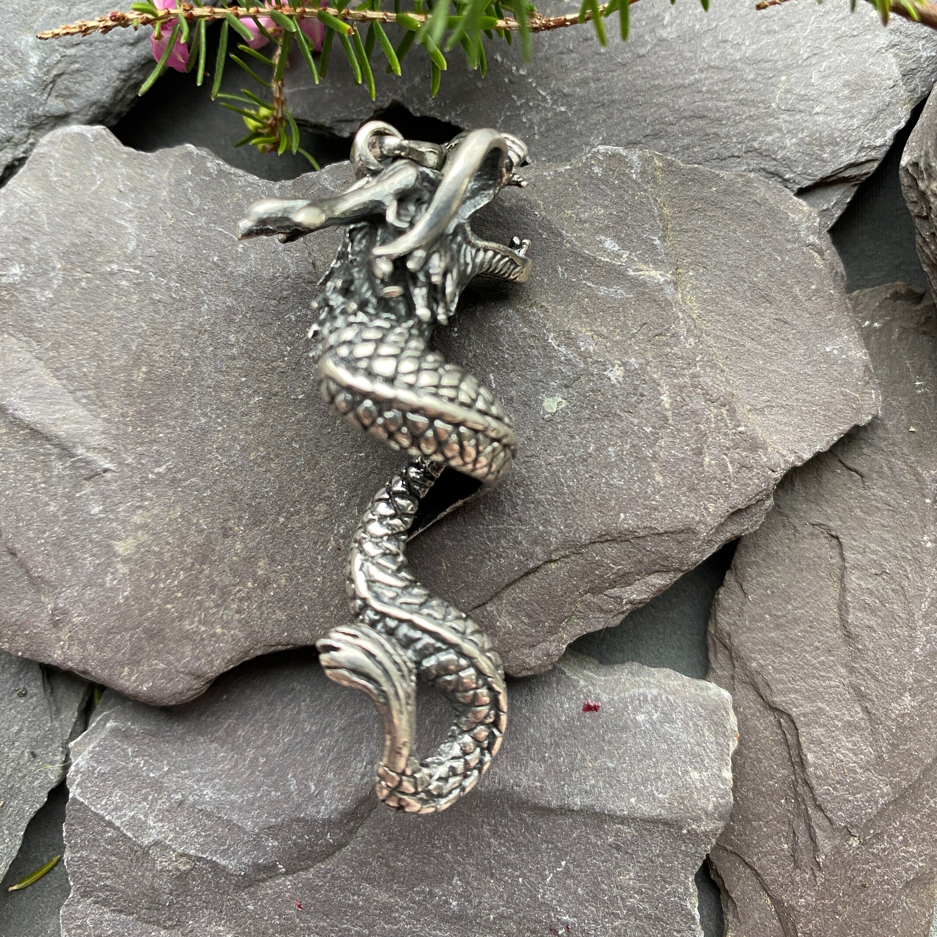 Silver Coiled Mythical Dragon Pendant.