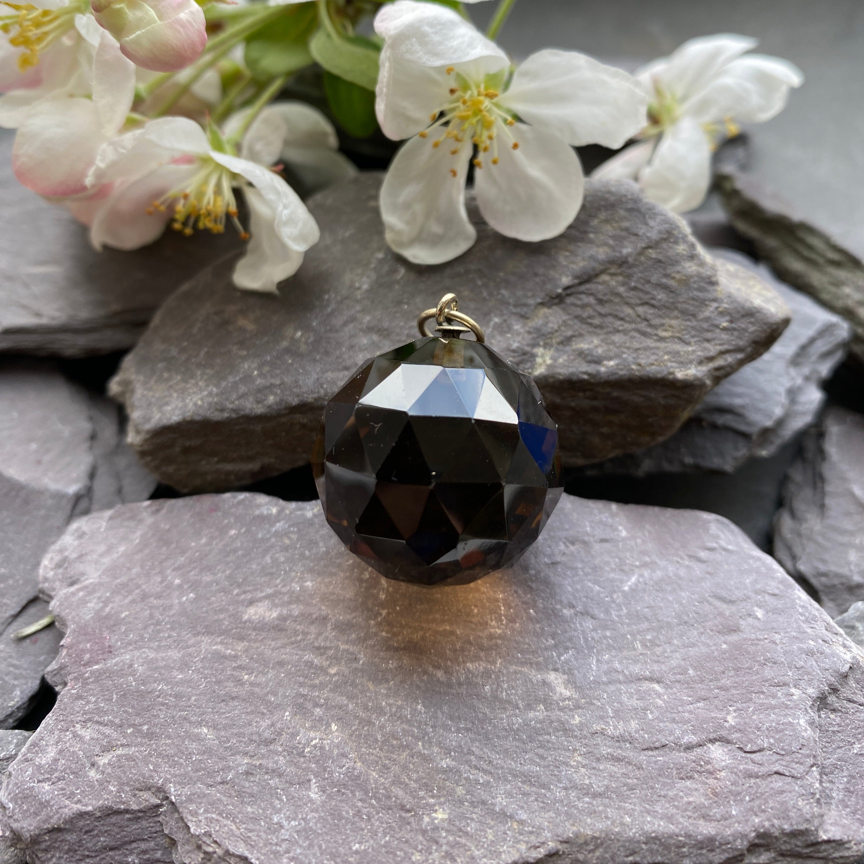 Vintage Faceted Smoky Quartz Ball Pendant With 9ct Fitting.