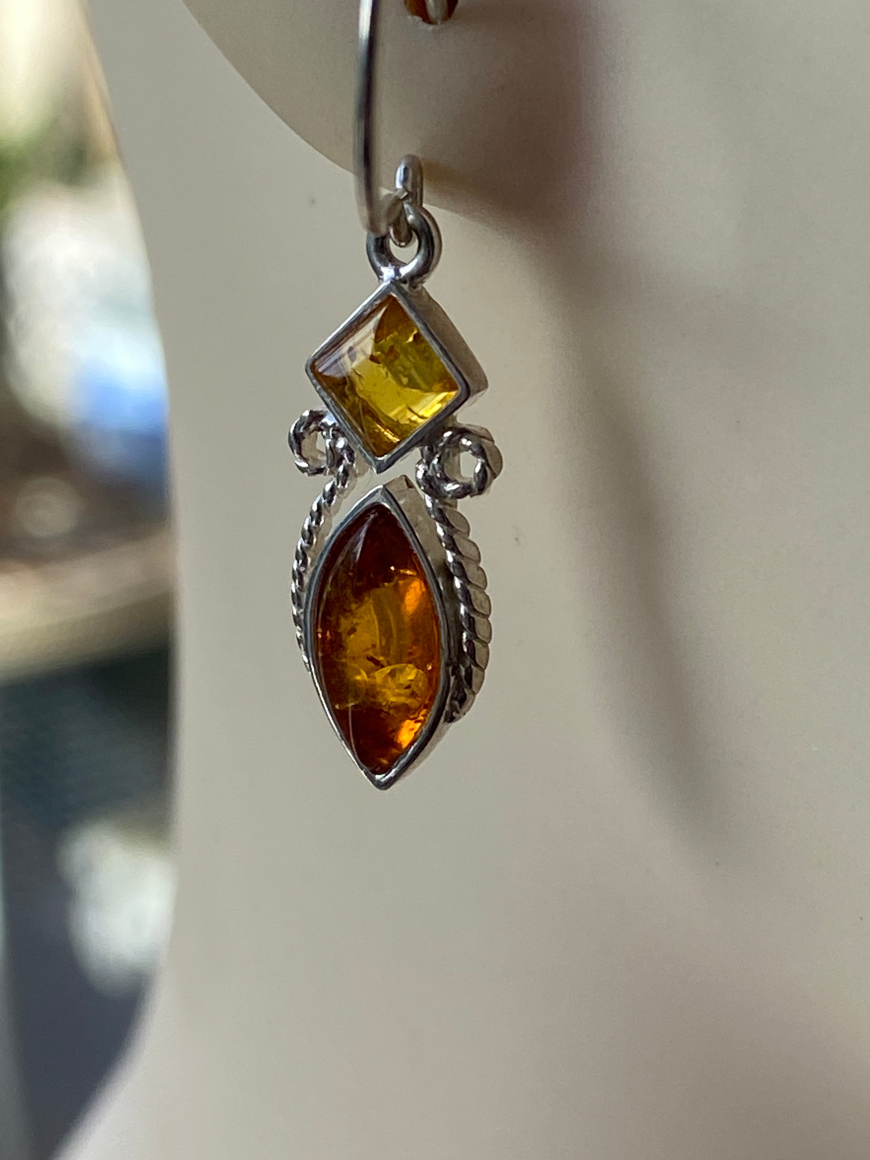 Silver & Amber Drop Earrings.