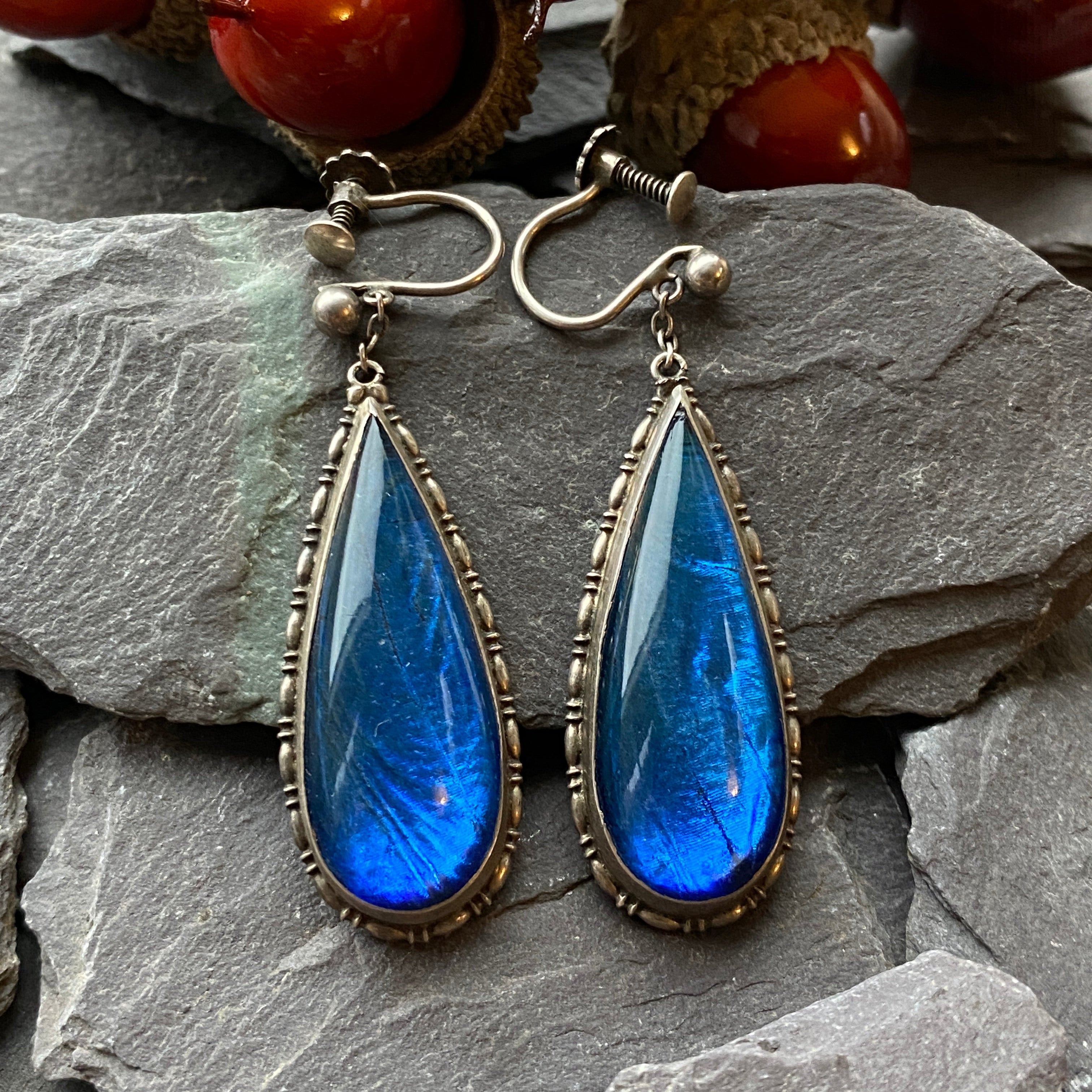 Art Deco Silver Butterfly Wing Drop Earrings.