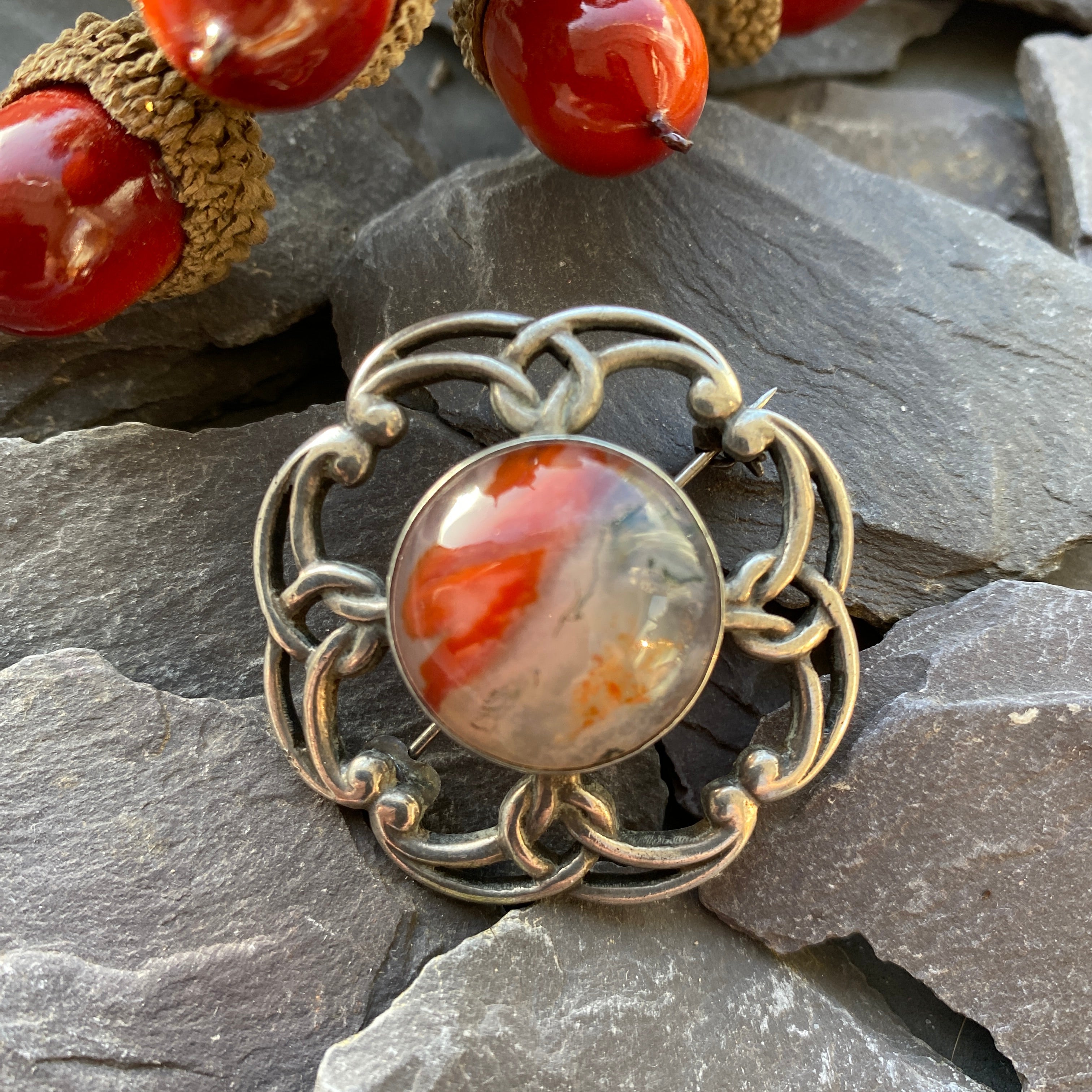 Vintage Silver Celtic Brooch Set With Moss Agate.