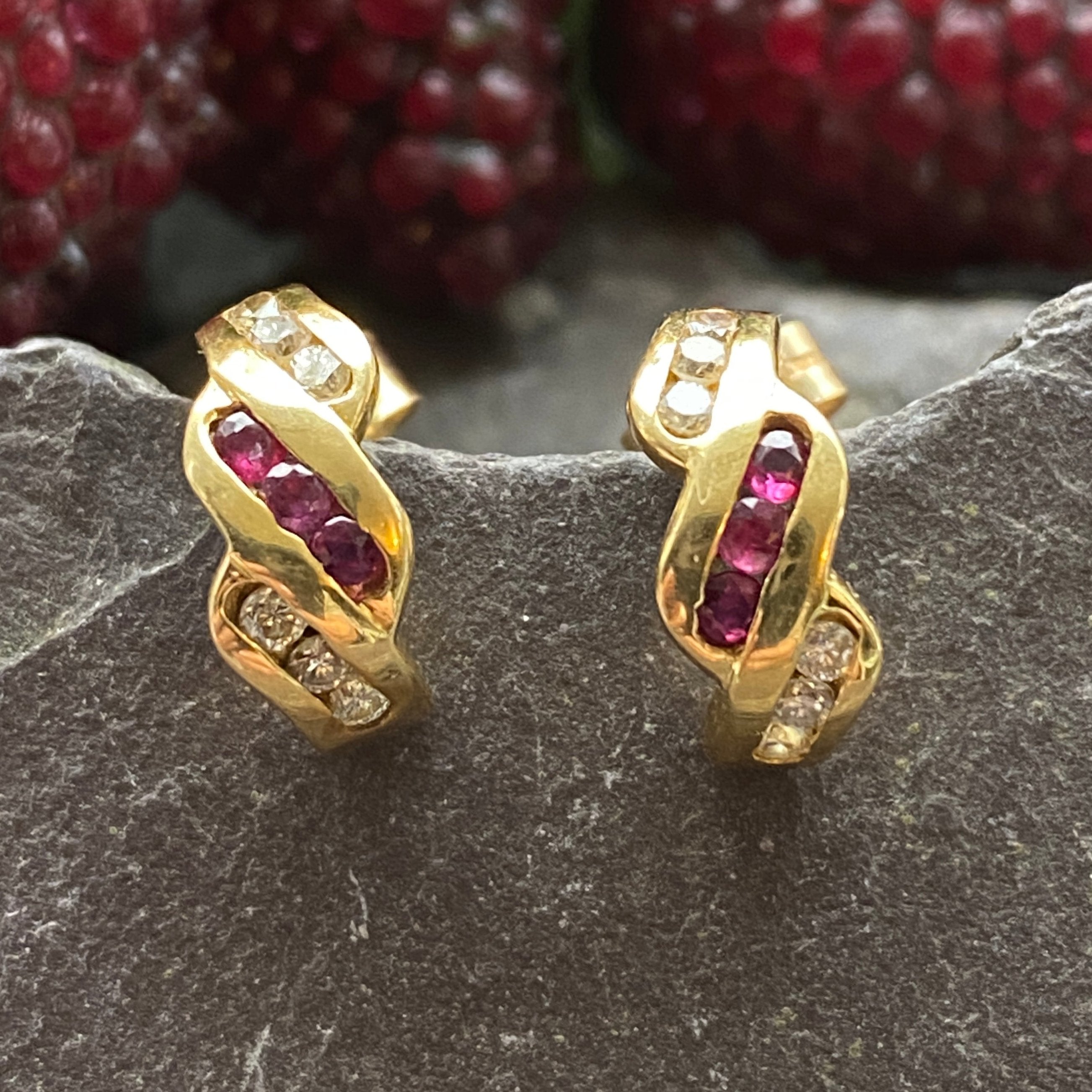 18ct Gold Ruby & Diamond Hoop Earrings.