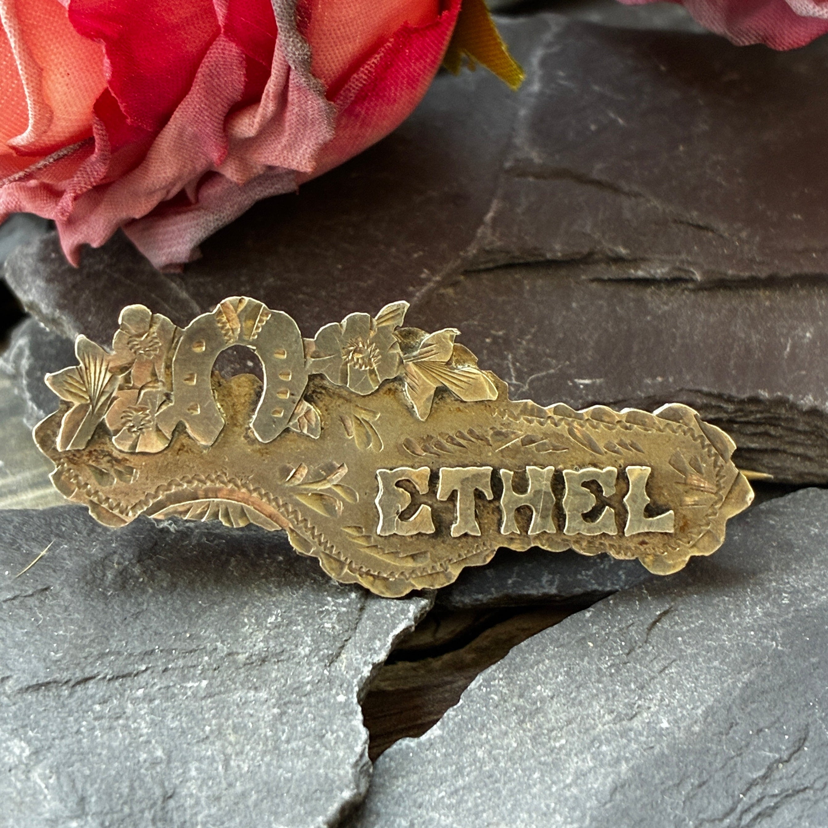 Victorian sterling silver name brooch- Ethel.