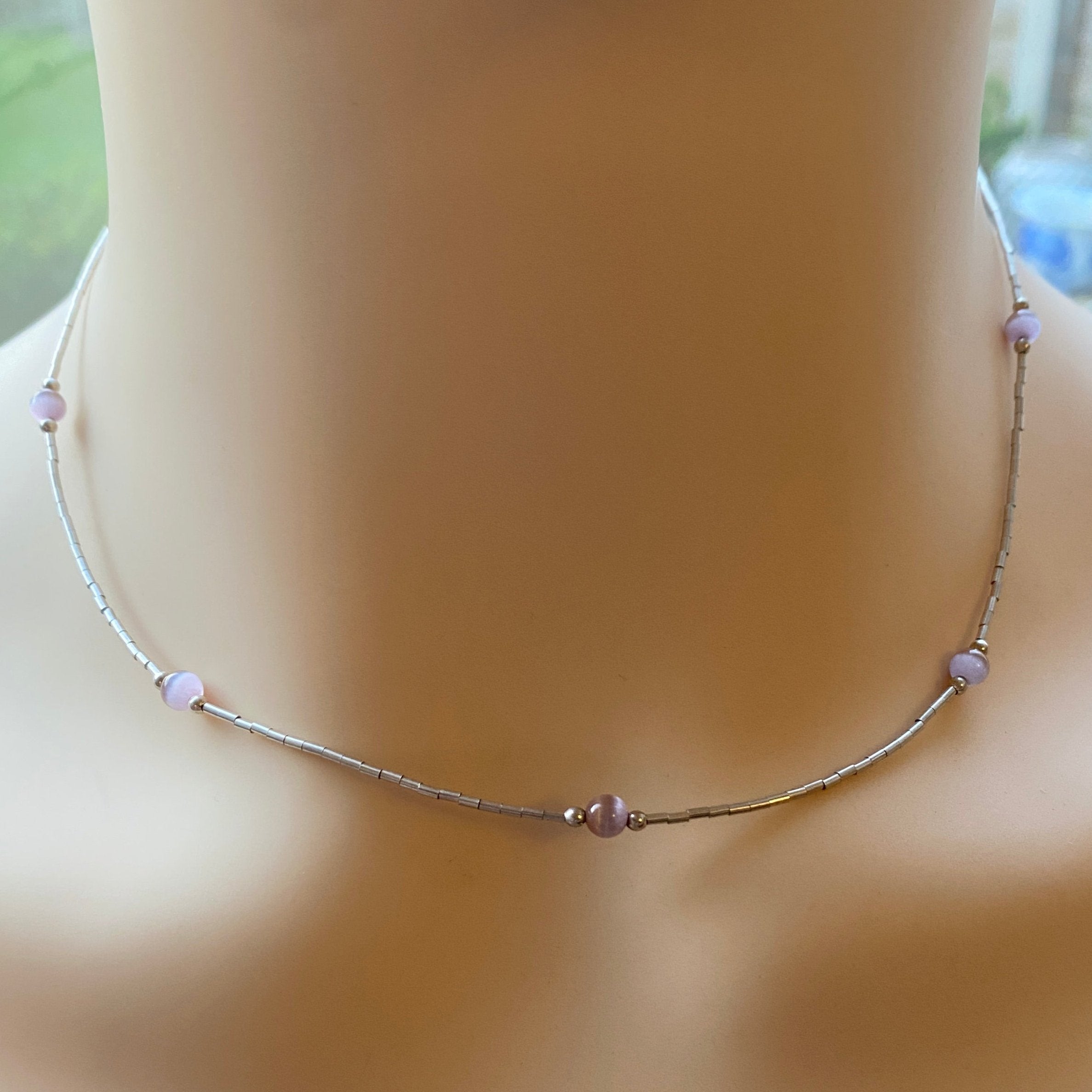 Vintage Glass Bead Necklace In Sterling Silver.