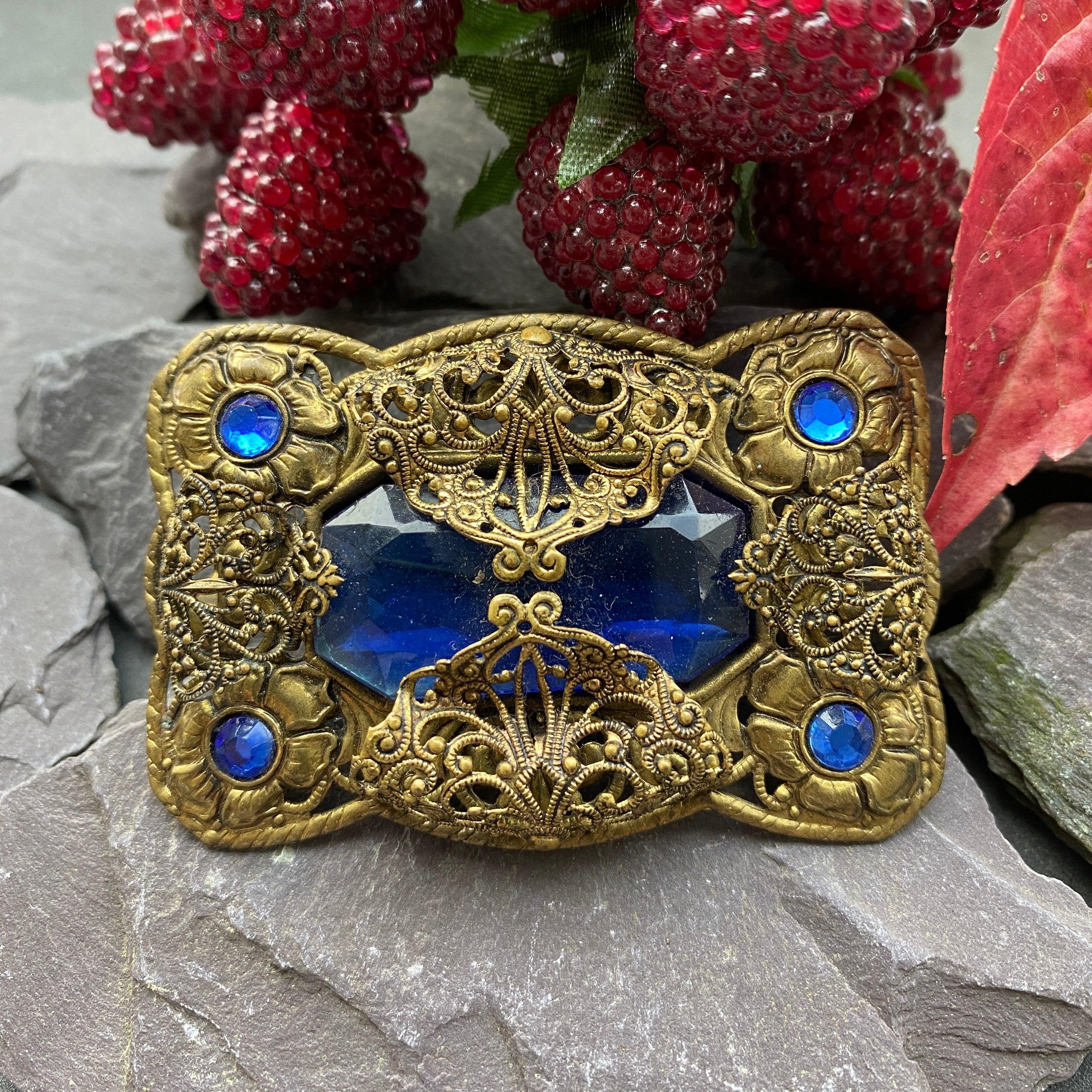 Art Deco Czech Filigree Large Blue Paste Brooch.