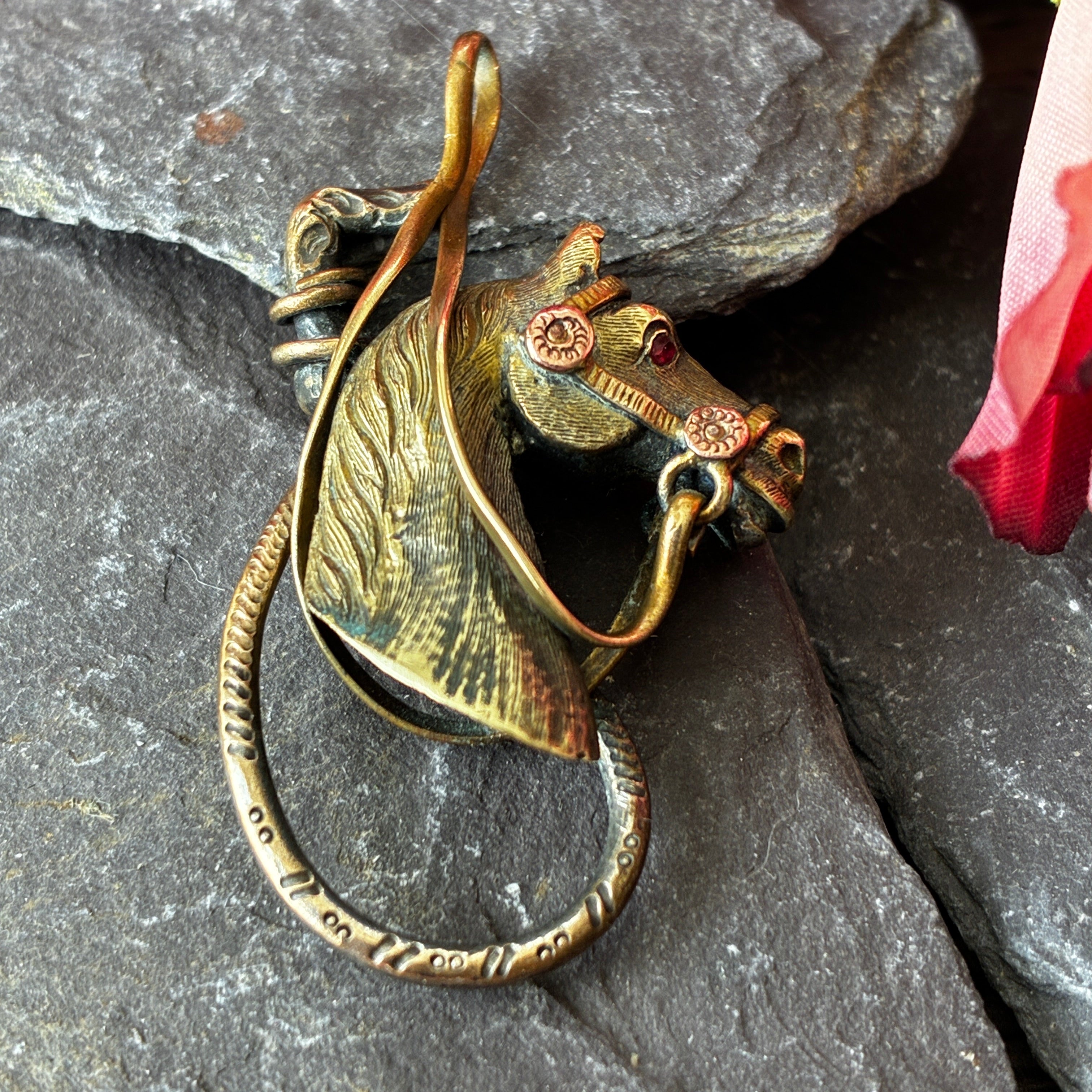 Victorian Brass & Gold Horses Head Pendant-Equestrian jewellery.