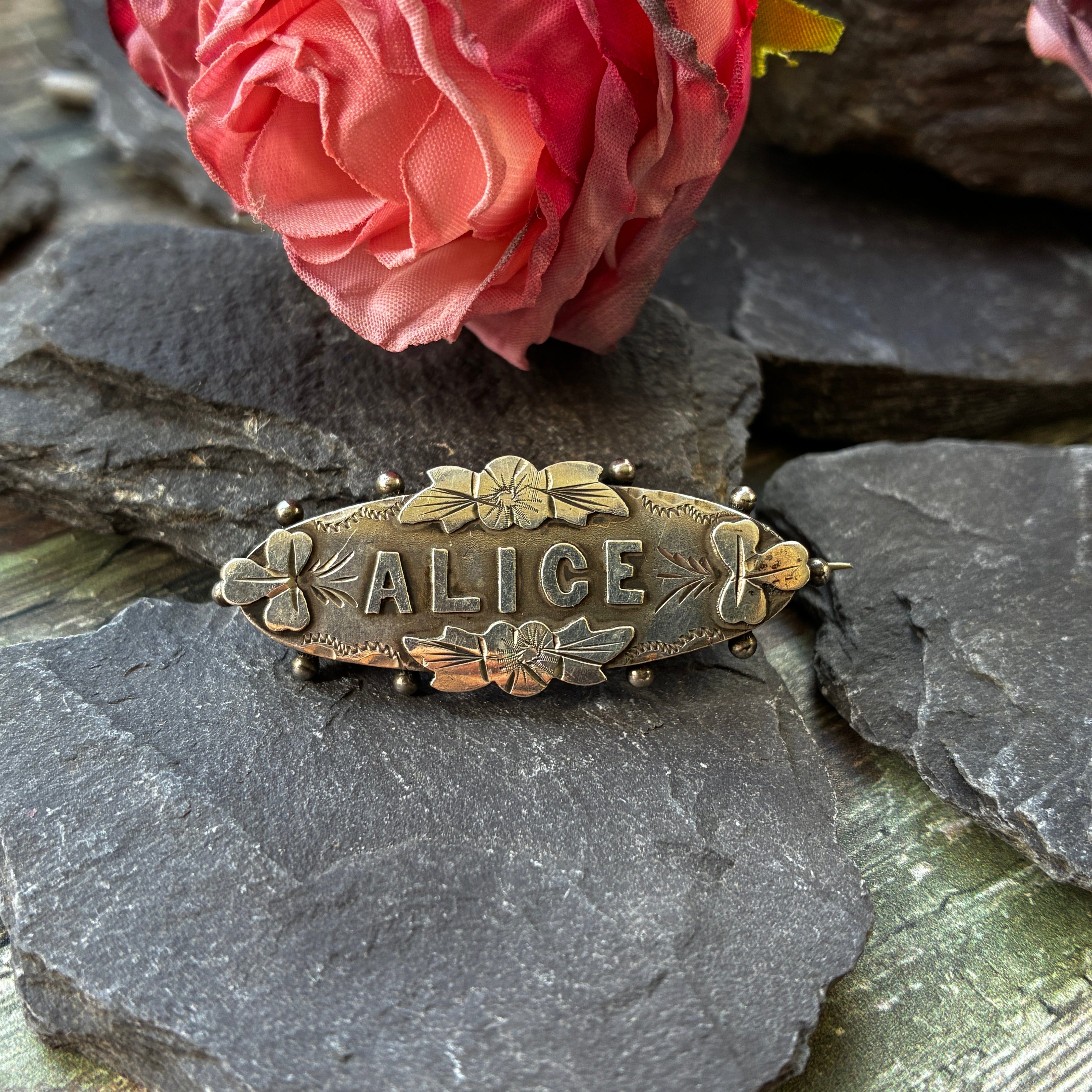 Victorian silver name brooch for Alice.